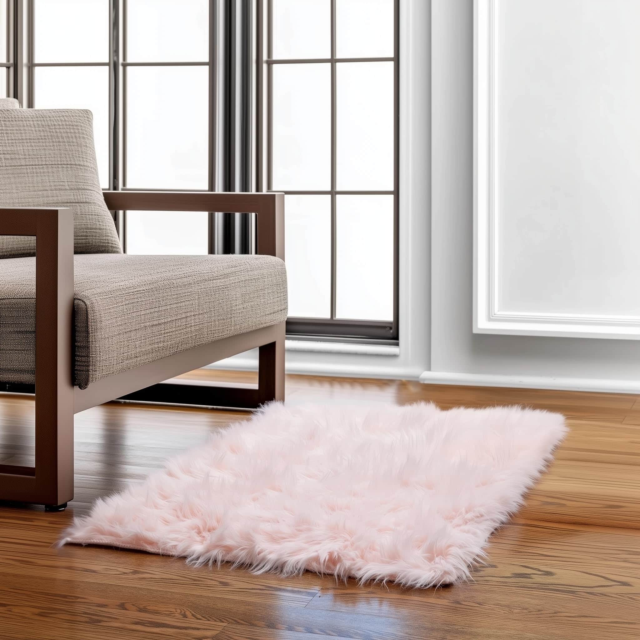 Light Pink Serene Faux Fur Solid Fake Sheepskin Rug