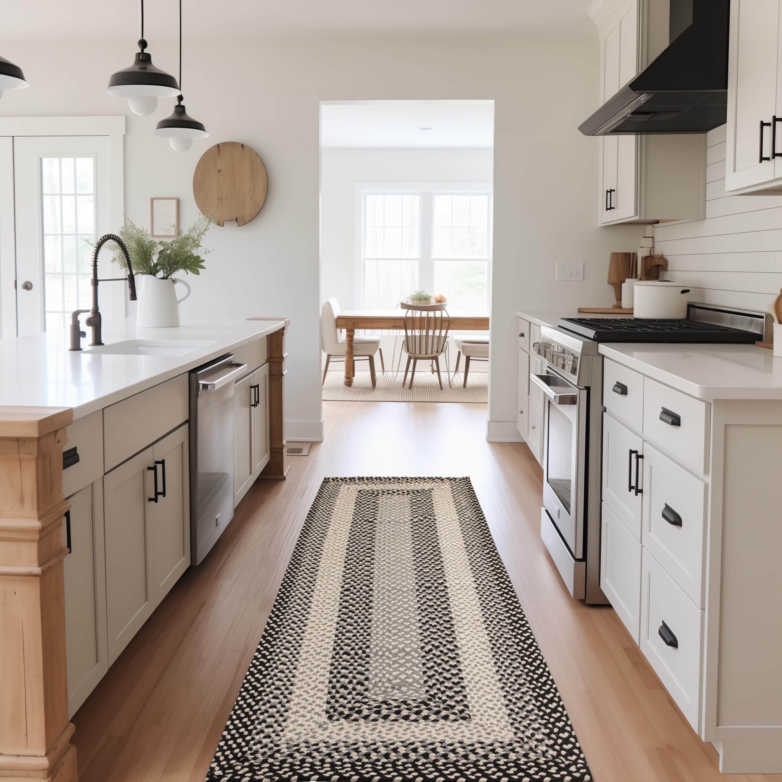 Black, Gray Braided Rug - Soft Cotton Bordered Area Rug for Rustic Farmhouses