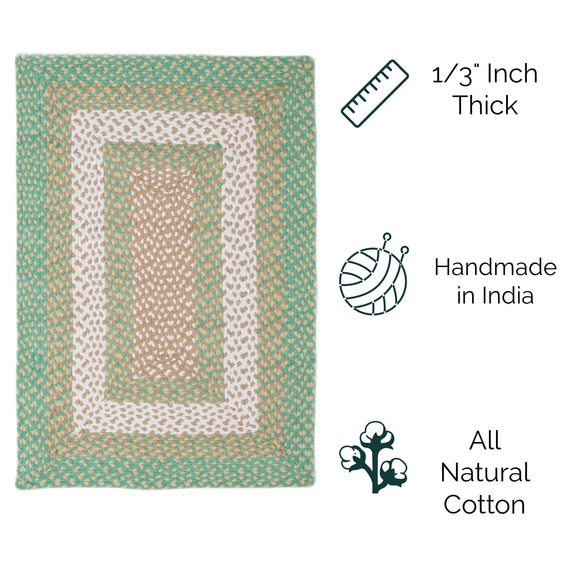 Green, Cream Braided Rug - Soft Cotton Bordered Area Rug for Rustic Farmhouses