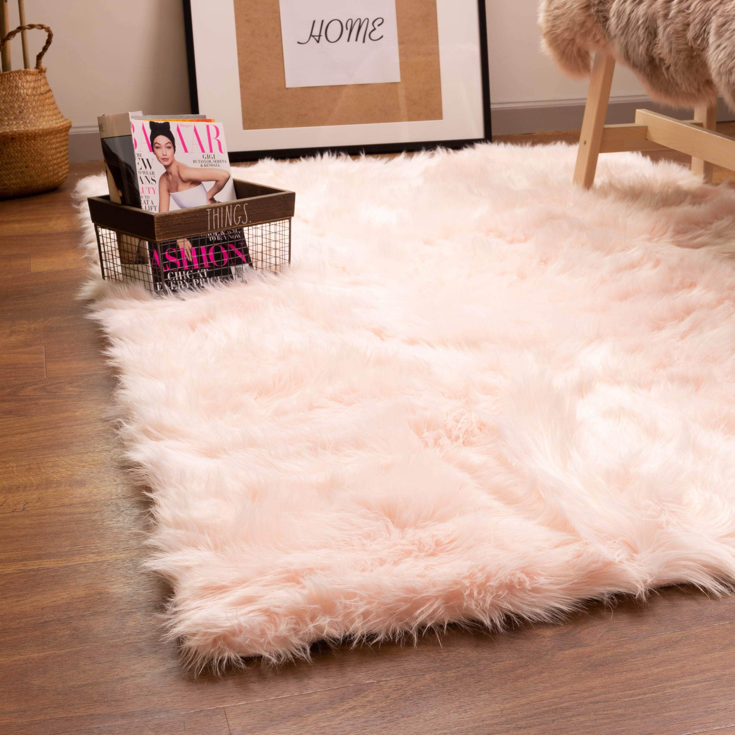 Light Pink Serene Faux Fur Solid Fake Sheepskin Rug