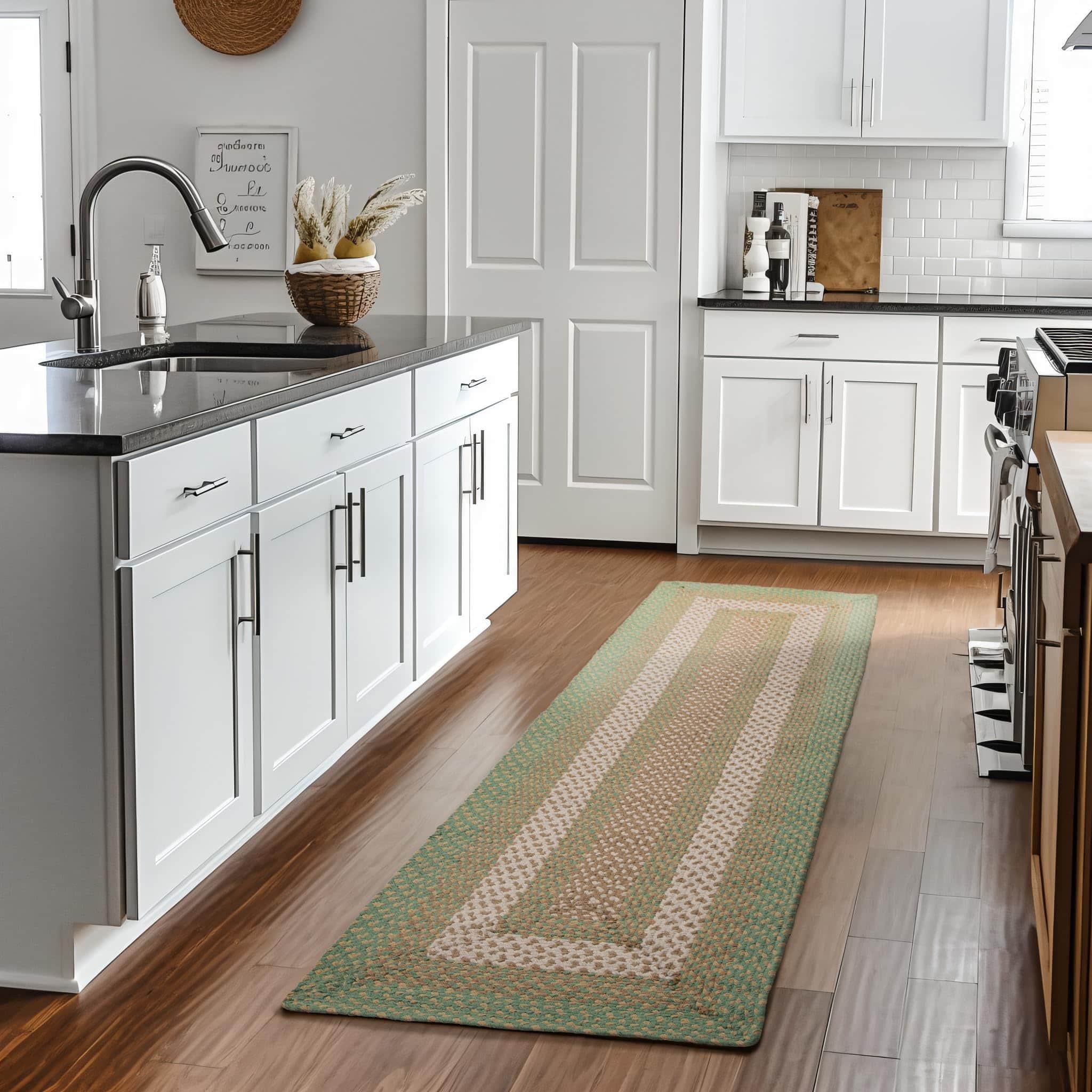 Green, Cream Braided Rug - Soft Cotton Bordered Area Rug for Rustic Farmhouses