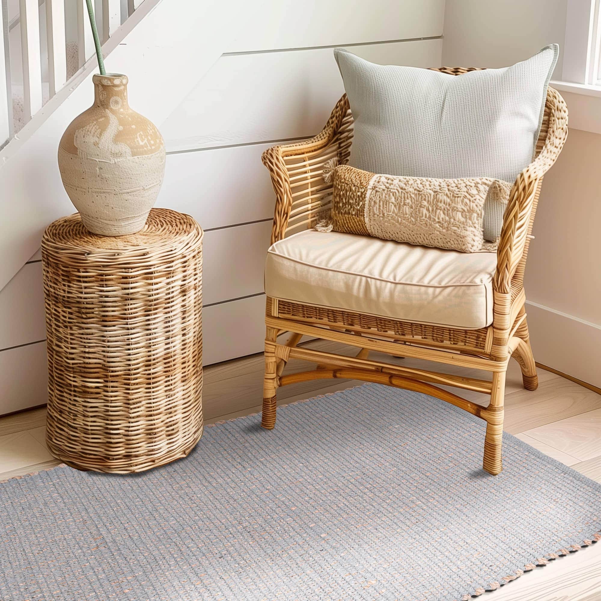 Light Gray Jute & Cotton Woven Rug - Simple Farmhouse Reversible Rug