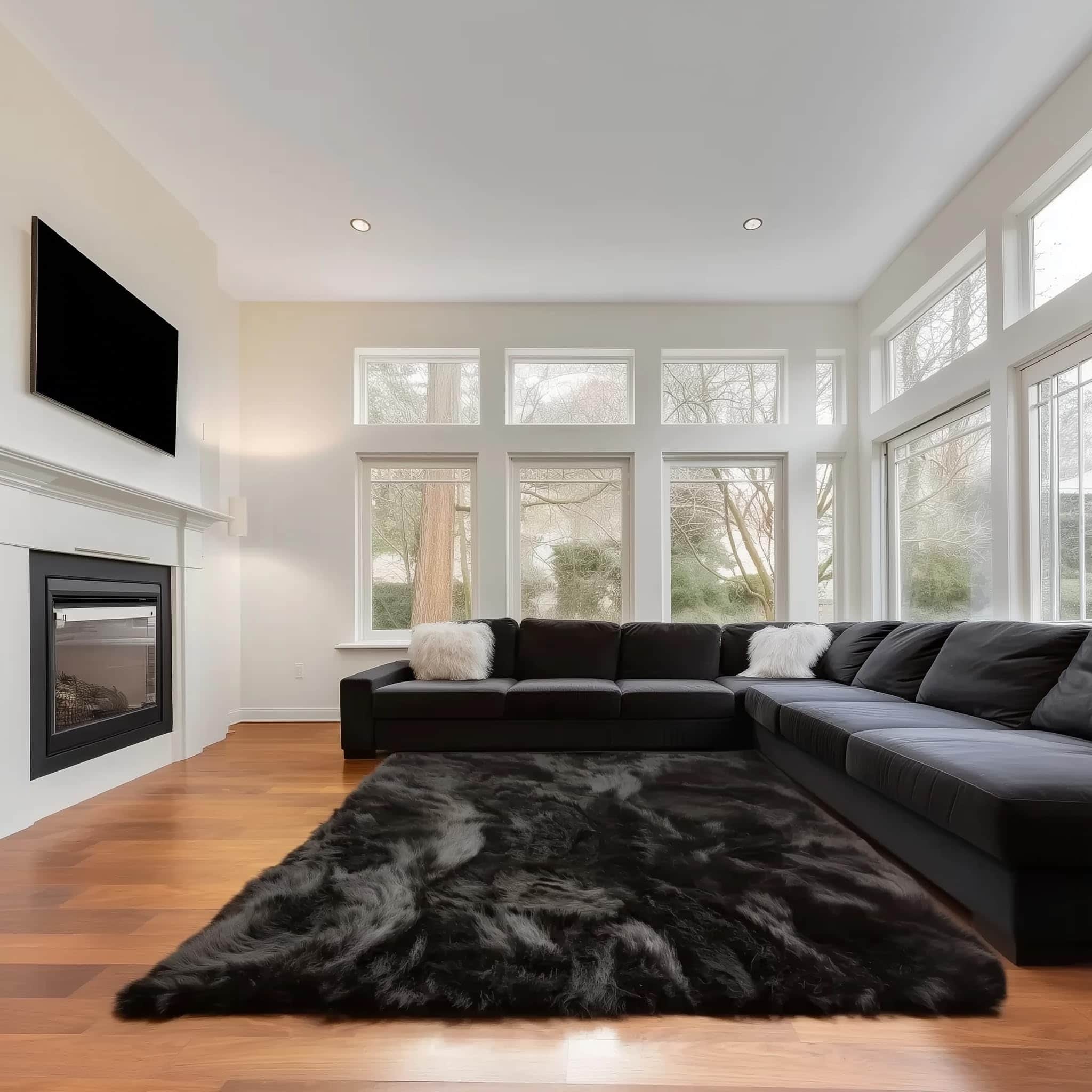 Black Serene Faux Fur Solid Fake Sheepskin Rug