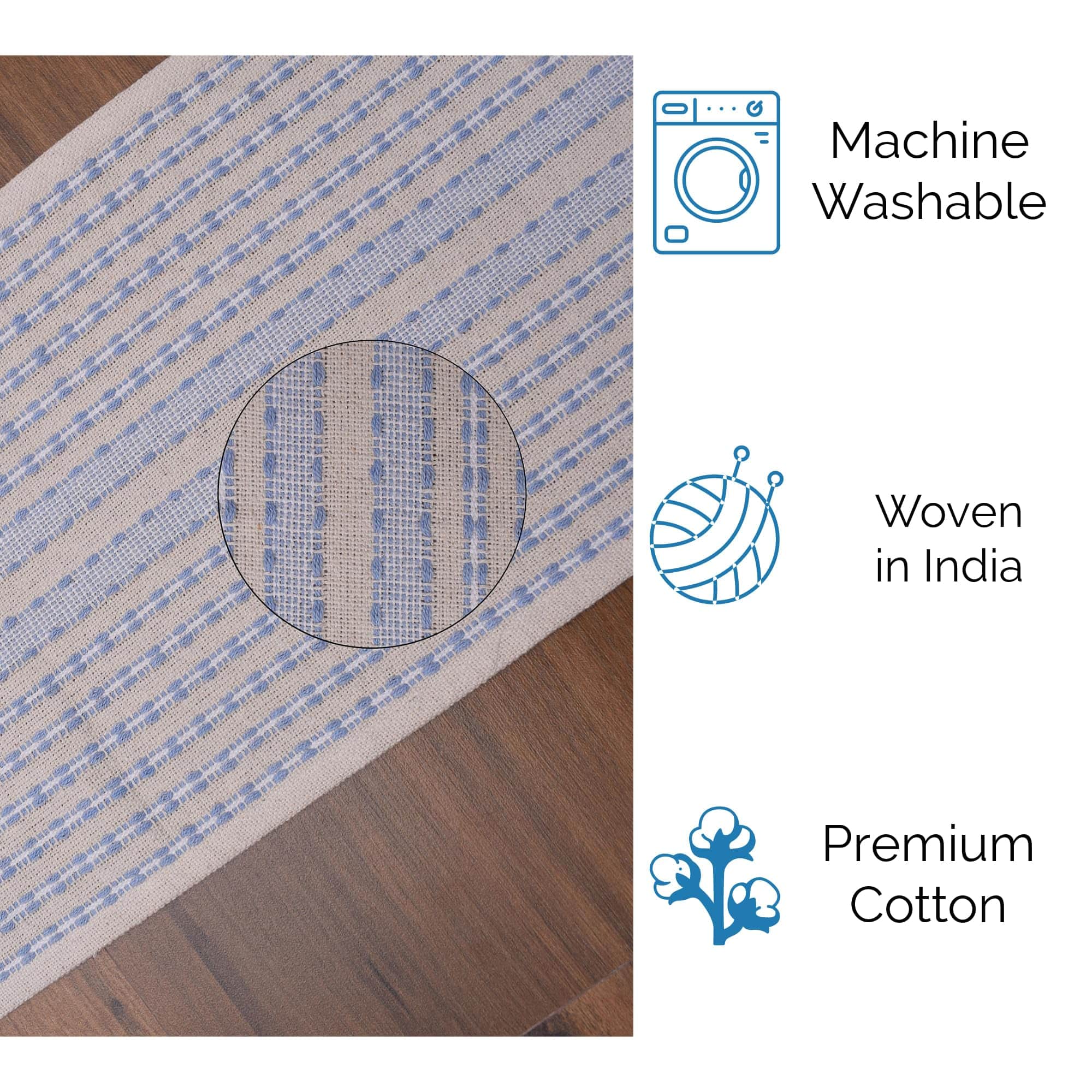 Ivory, Blue Table Runner Cotton Farmhouse Inspired