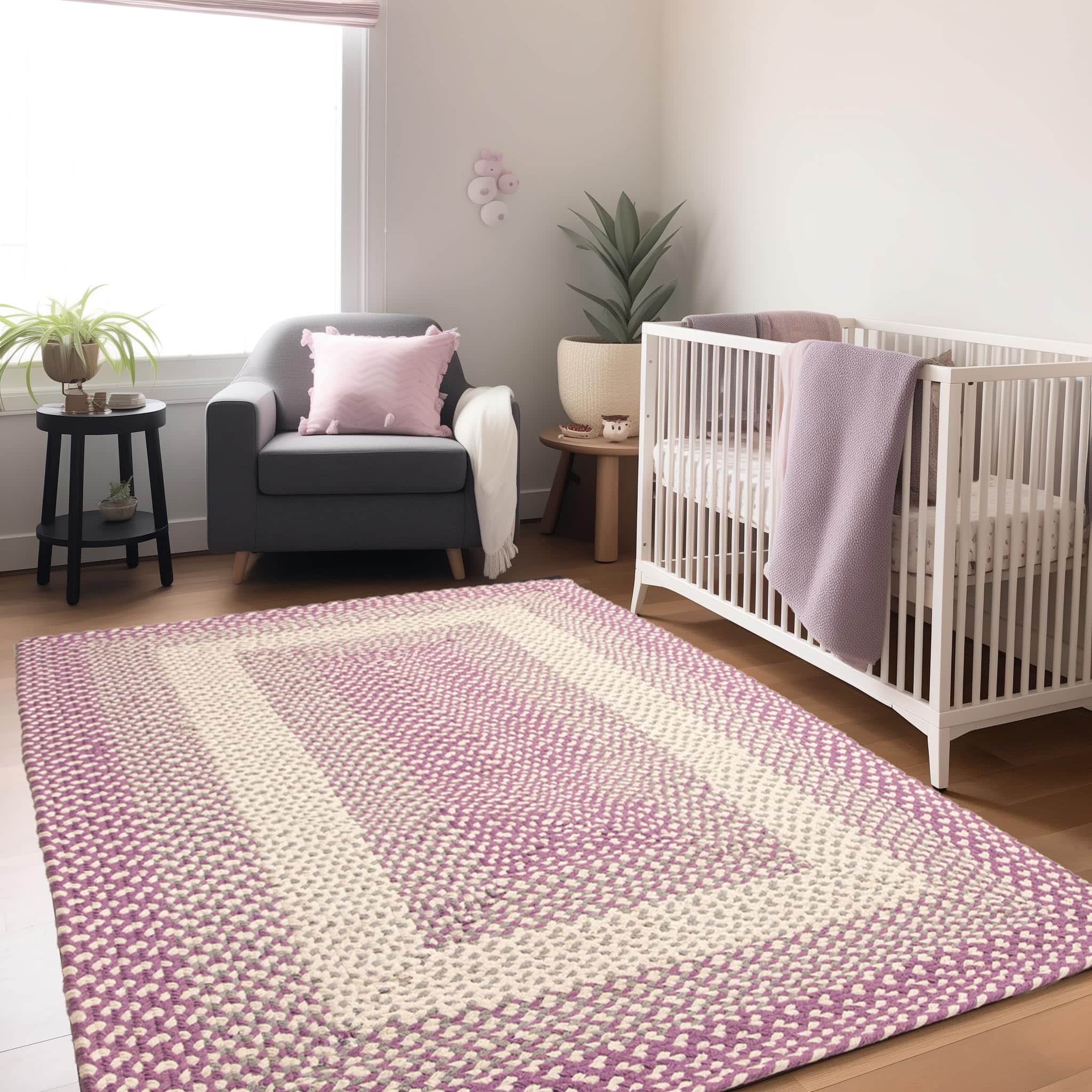 Purple, Gray Braided Rug - Soft Cotton Bordered Area Rug for Kids Rooms & Nursery