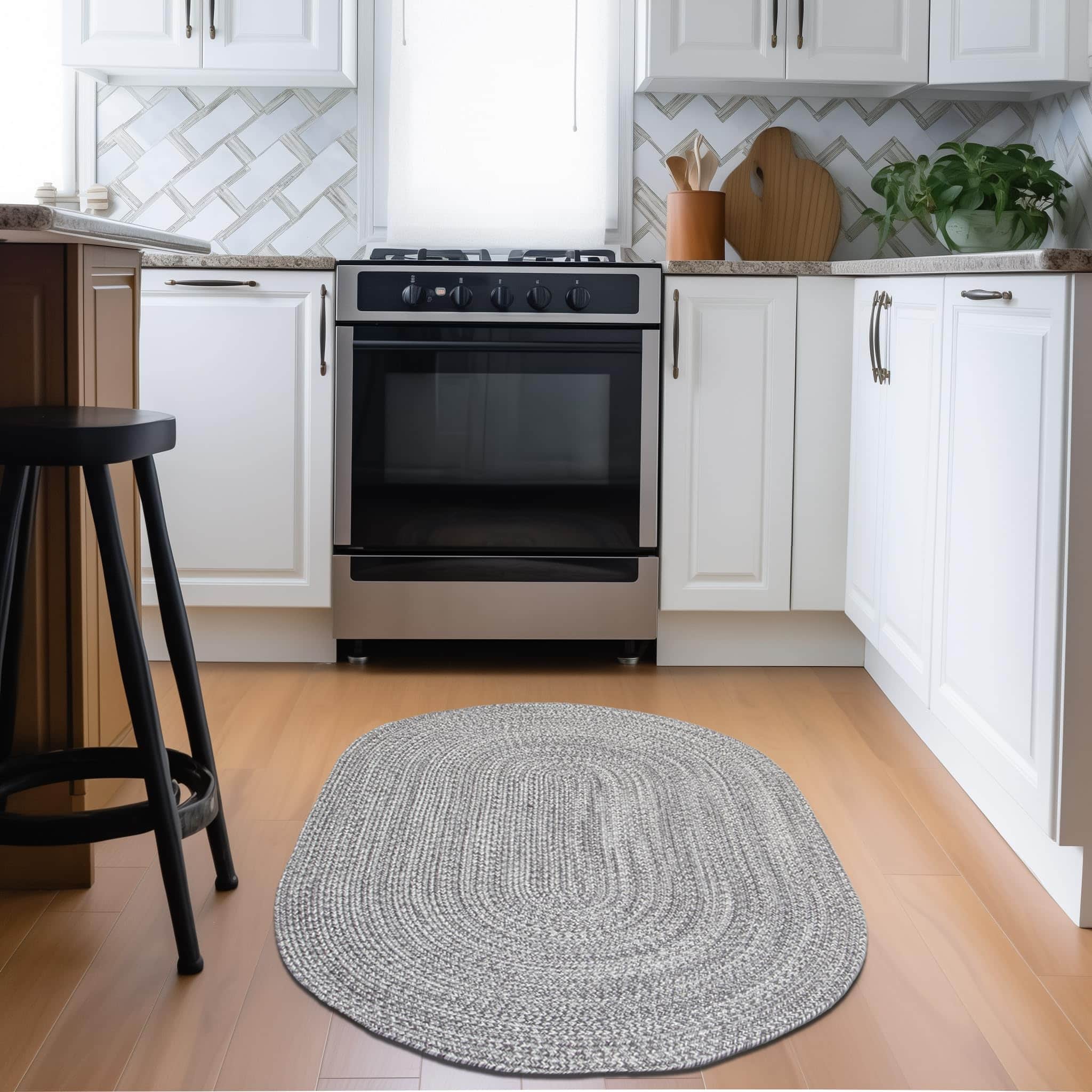 Charcoal, Gray, Light Gray, White Indoour Outdoor Braided Kitchen Rug