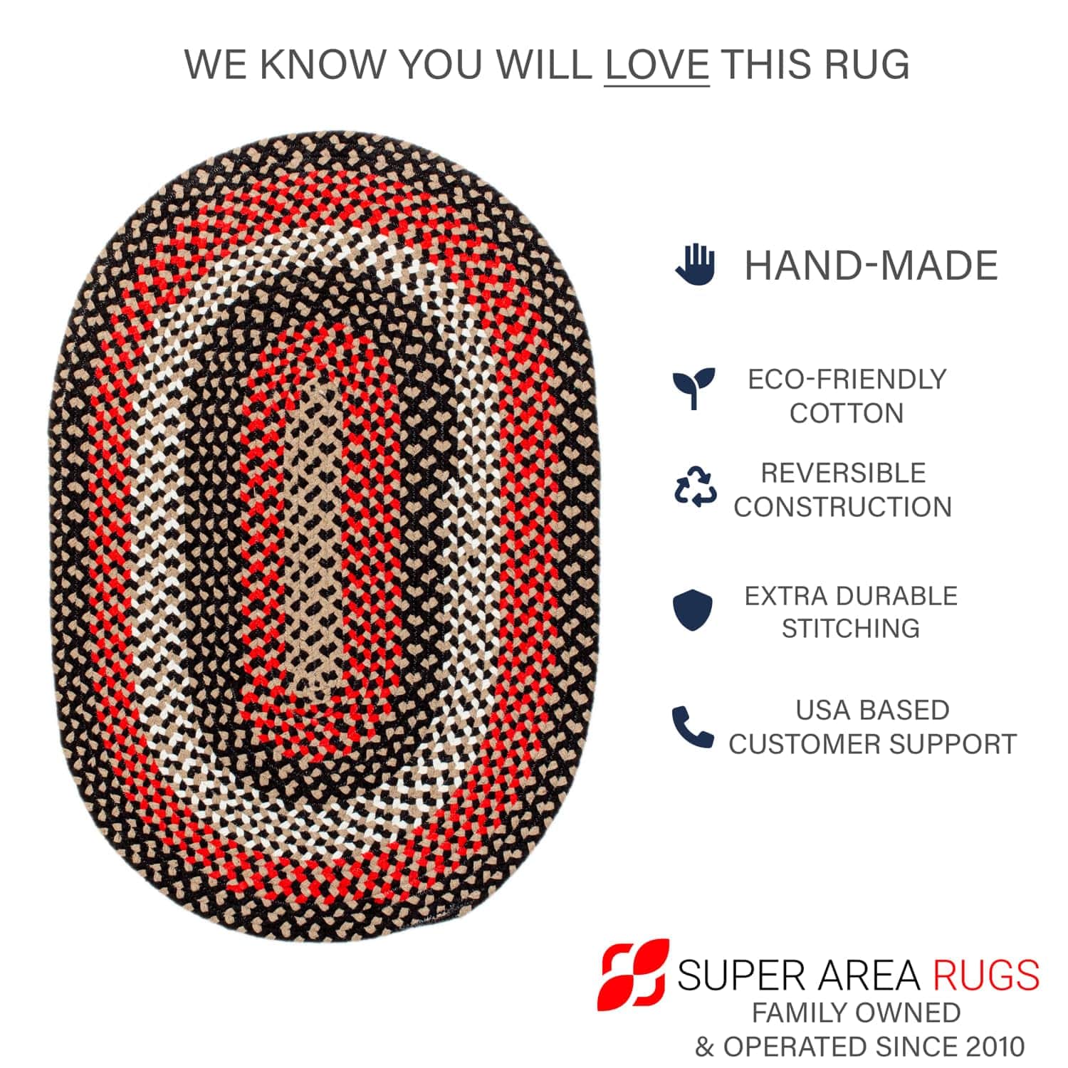 Black Charming Braided Rug for Farmhouse Living Rooms and Bedroom