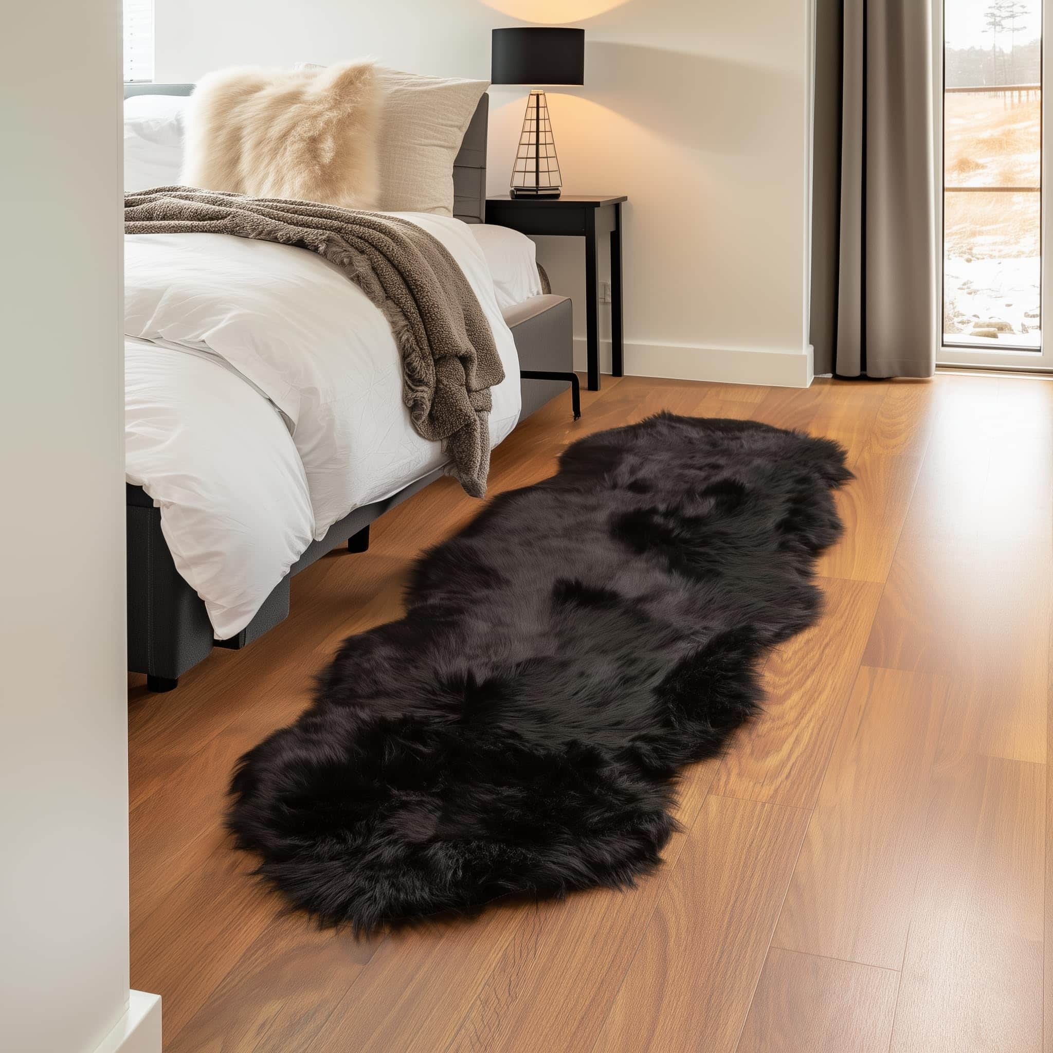 Black Serene Faux Fur Solid Fake Sheepskin Rug