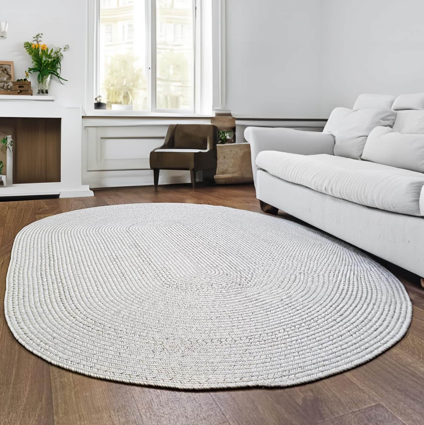 Ivory Braided Rug - Reversible Solid Constrution - Indoor Outdoor & Kitchen Ready