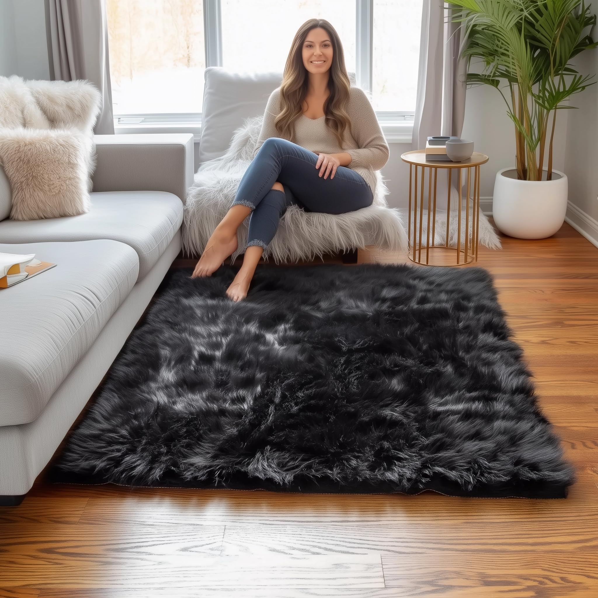 Black Serene Faux Fur Solid Fake Sheepskin Rug