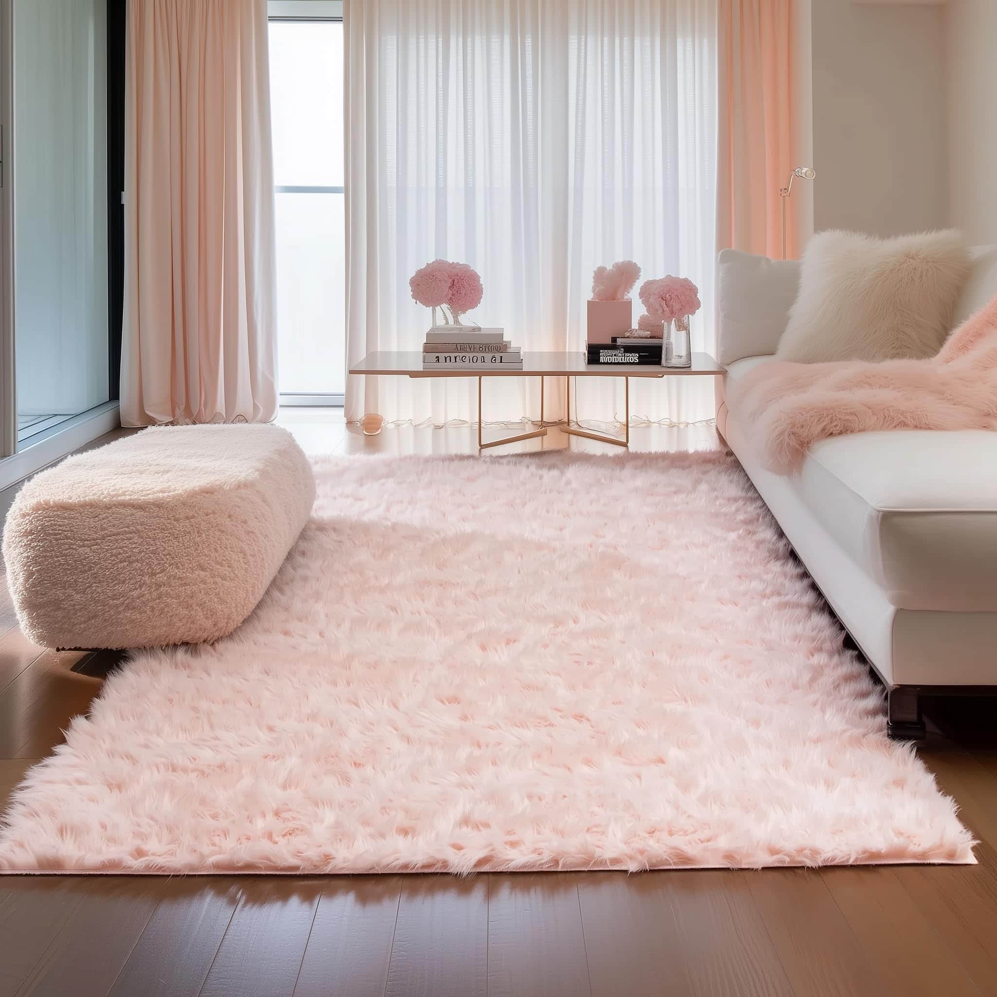 Light Pink Serene Faux Fur Solid Fake Sheepskin Rug