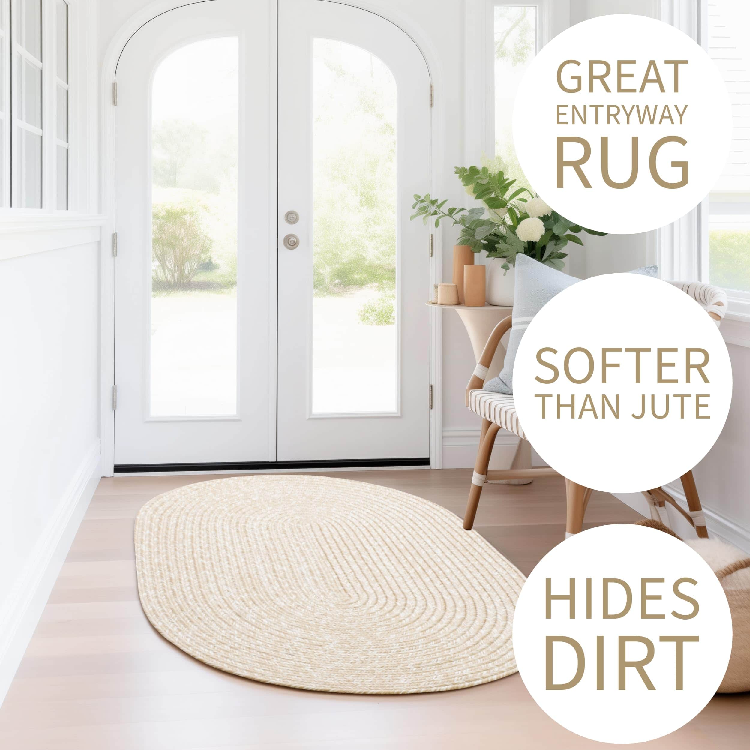 Beige, Brown Braided Rug - Reversible Solid Constrution - Indoor Outdoor & Kitchen Ready