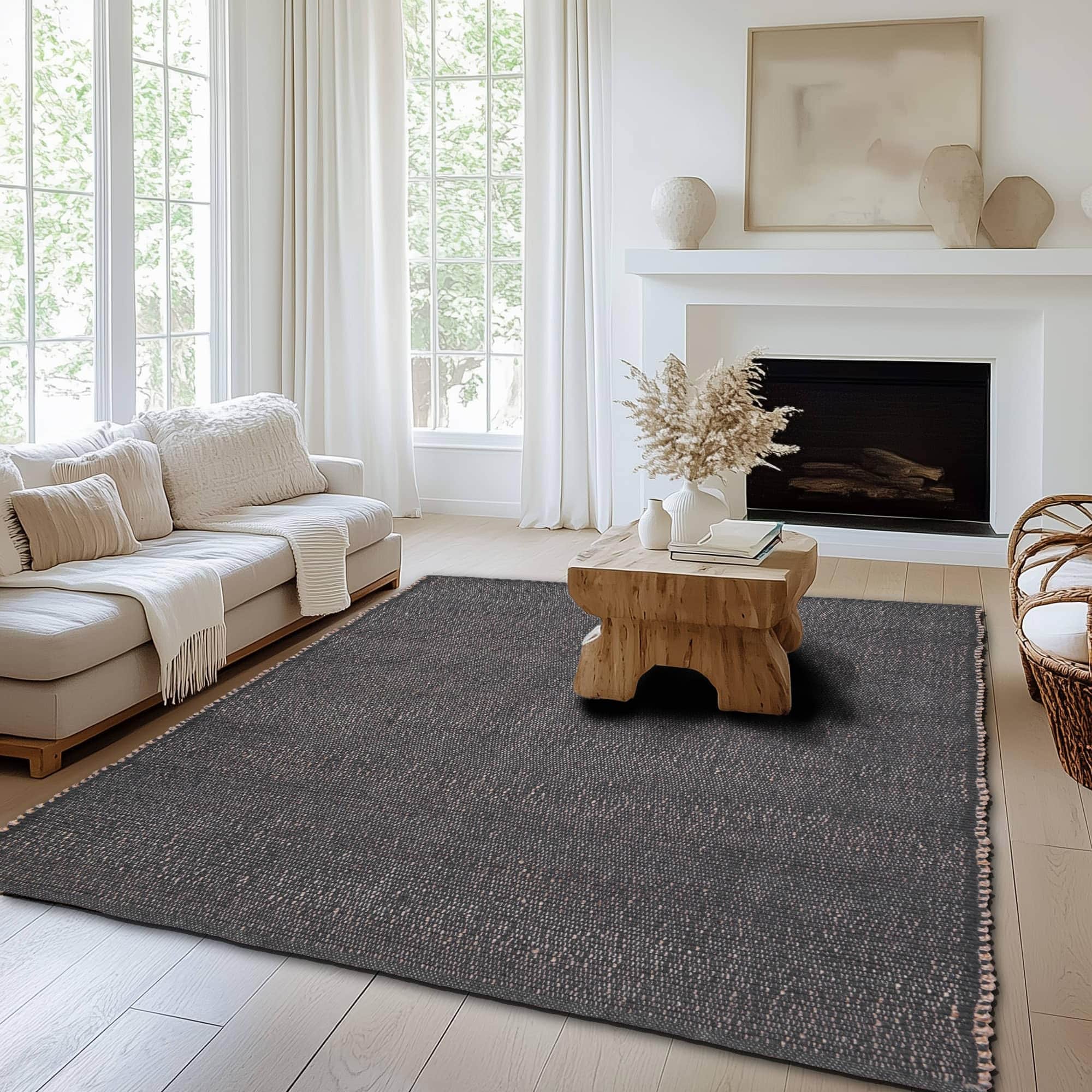 Charcoal Gray Jute & Cotton Woven Rug - Simple Farmhouse Reversible Rug