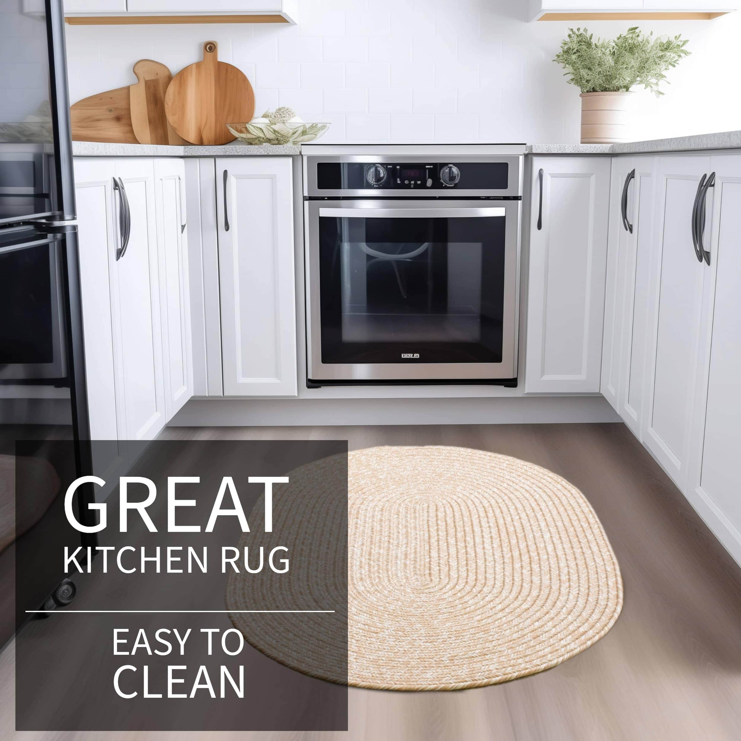 Beige, Brown Braided Rug - Reversible Solid Constrution - Indoor Outdoor & Kitchen Ready