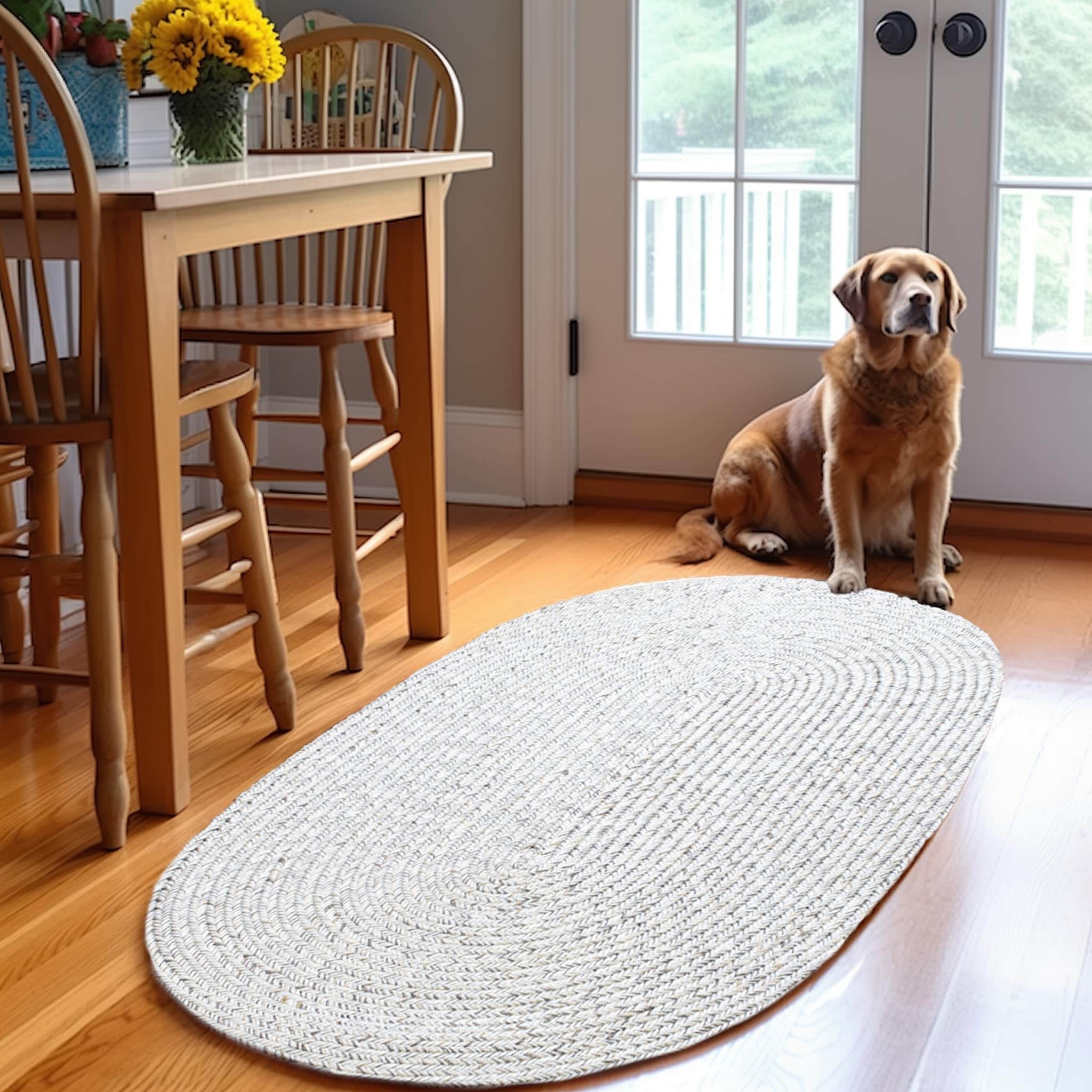 Ivory Braided Rug - Reversible Solid Constrution - Indoor Outdoor & Kitchen Ready