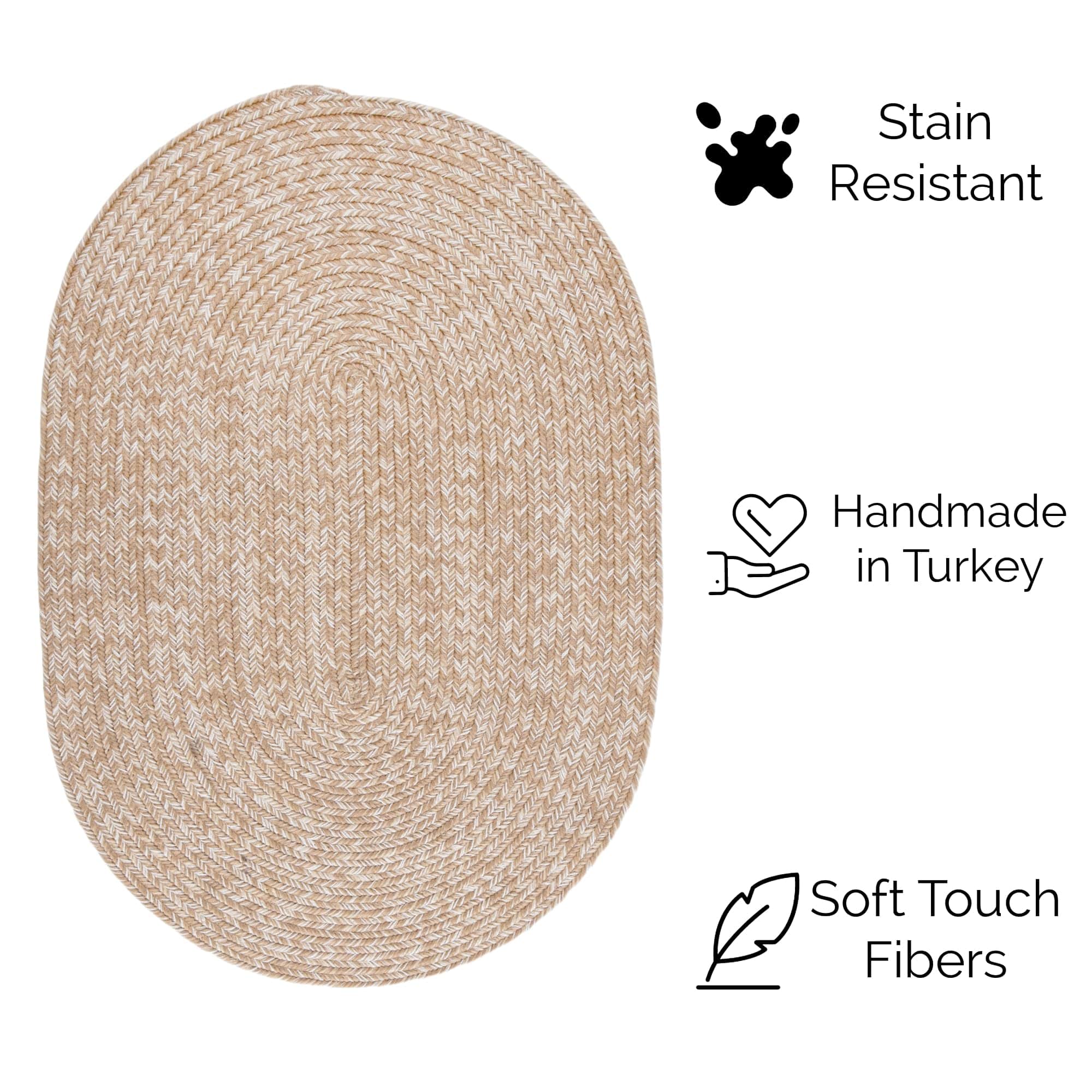 Beige, Brown Braided Rug - Reversible Solid Constrution - Indoor Outdoor & Kitchen Ready