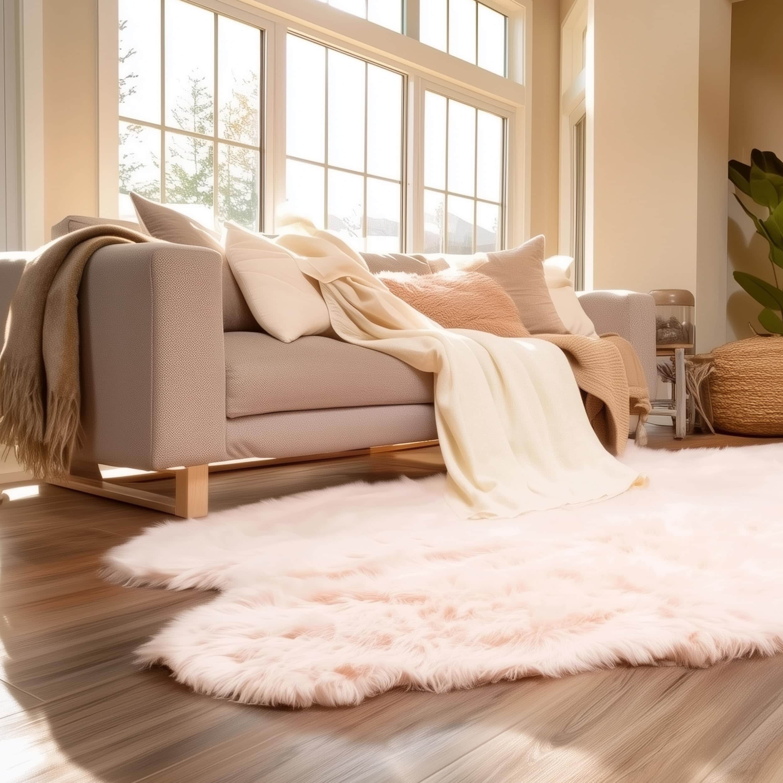 Light Pink Serene Faux Fur Solid Fake Sheepskin Rug