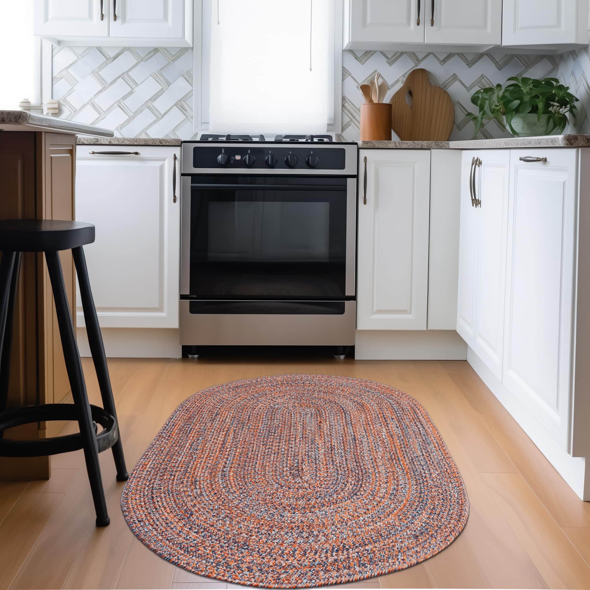 Navy, Light Blue, Red Indoour Outdoor Braided Kitchen Rug