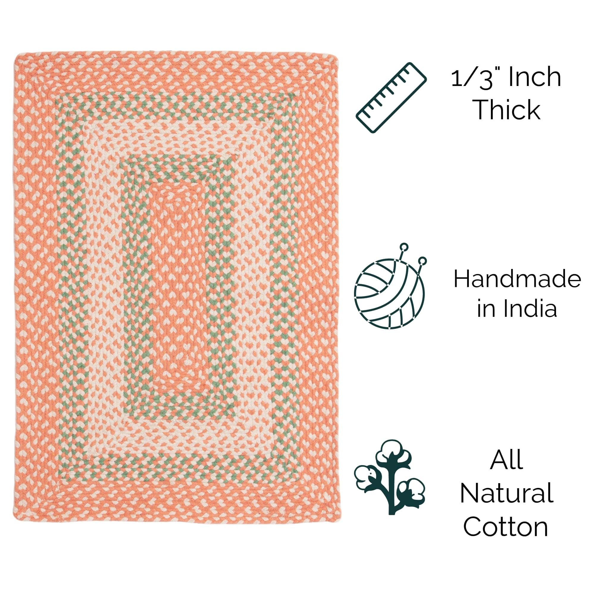 Coral, Green Braided Rug - Soft Cotton Bordered Area Rug for Kids Rooms & Nursery