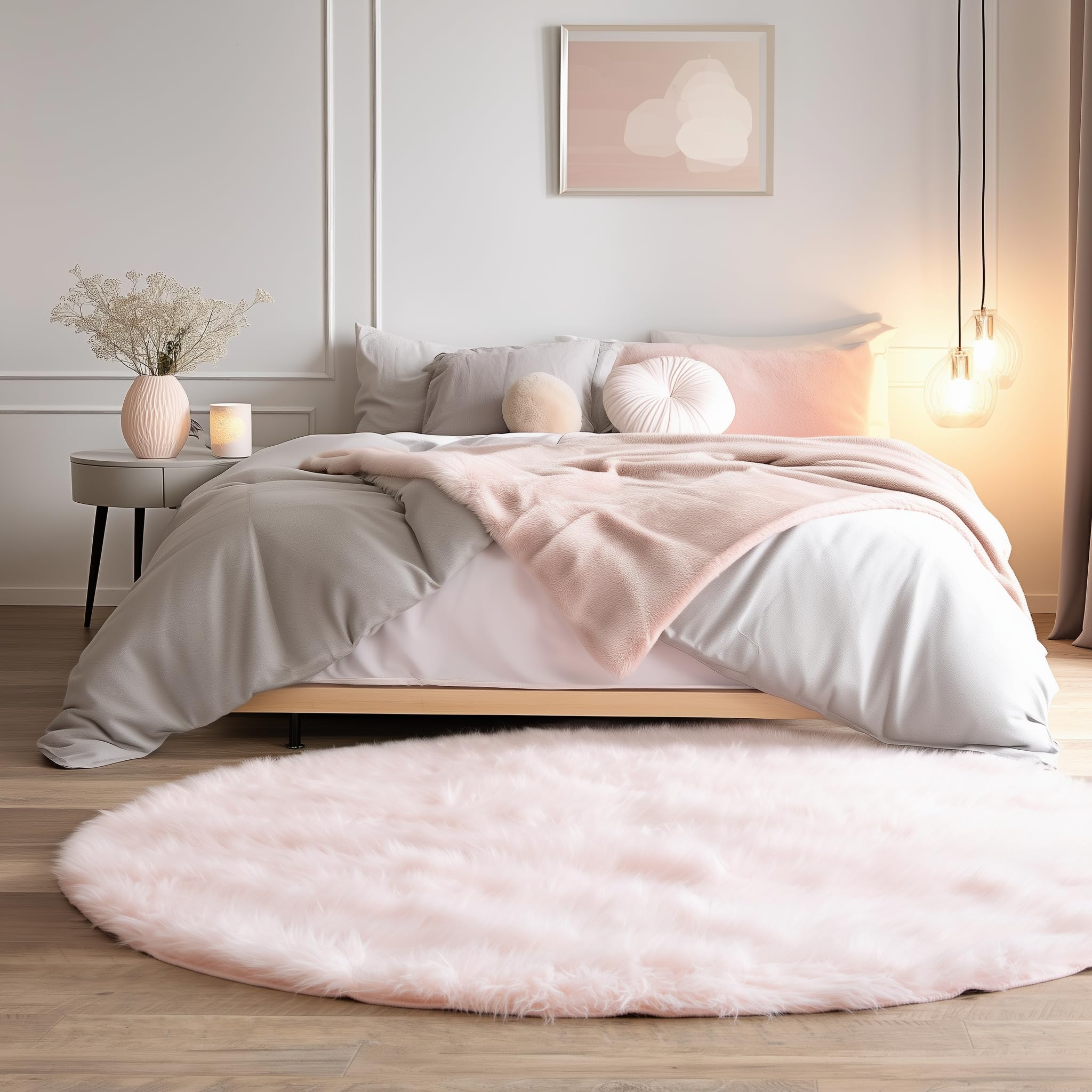 Light Pink Serene Faux Fur Solid Fake Sheepskin Rug