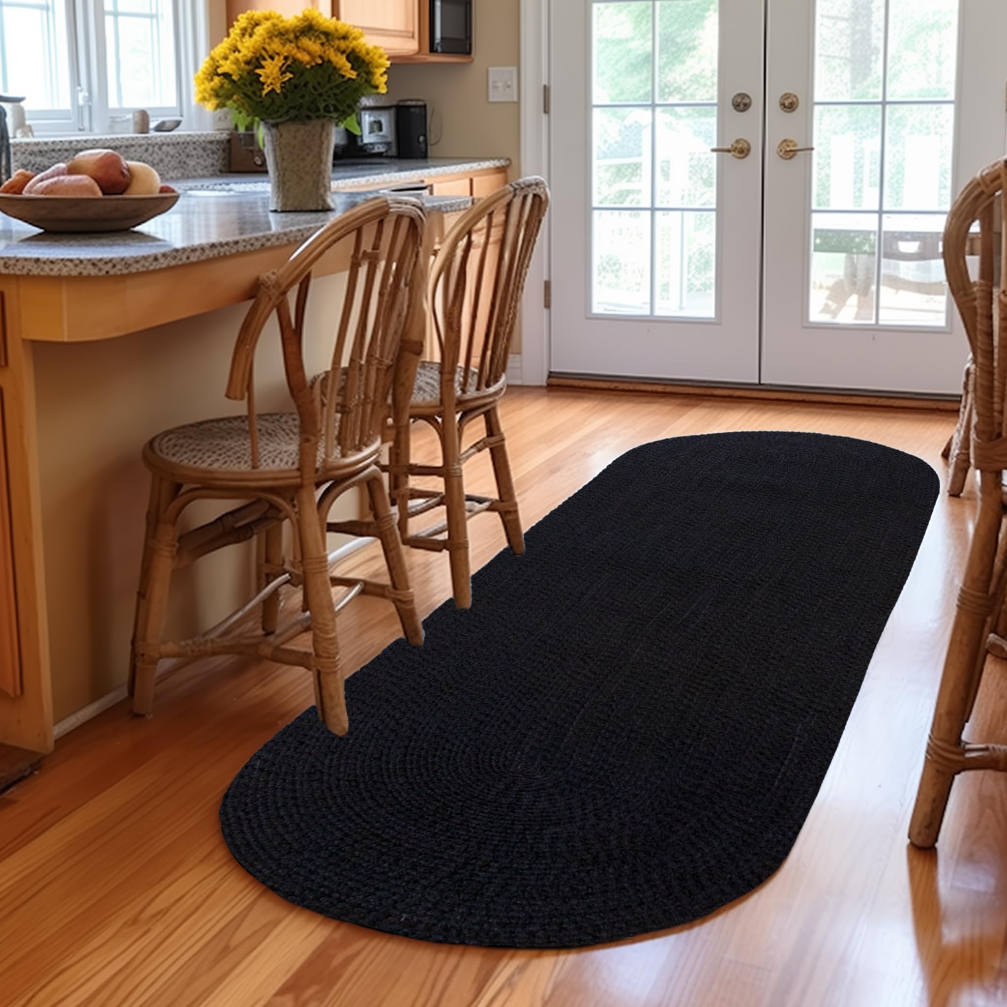 Black Braided Rug - Reversible Solid Constrution - Indoor Outdoor