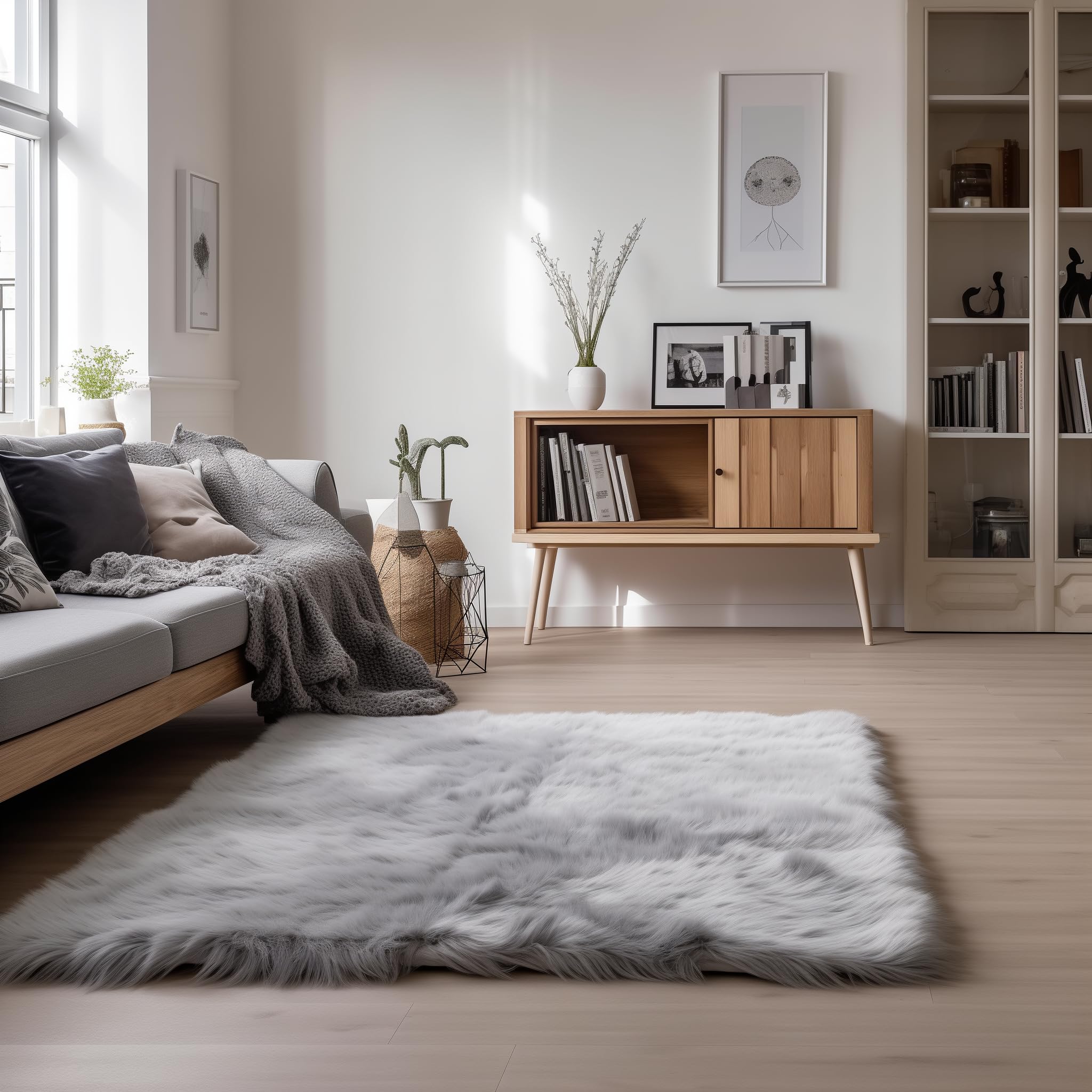 Gray Serene Faux Fur Solid Fake Sheepskin Rug