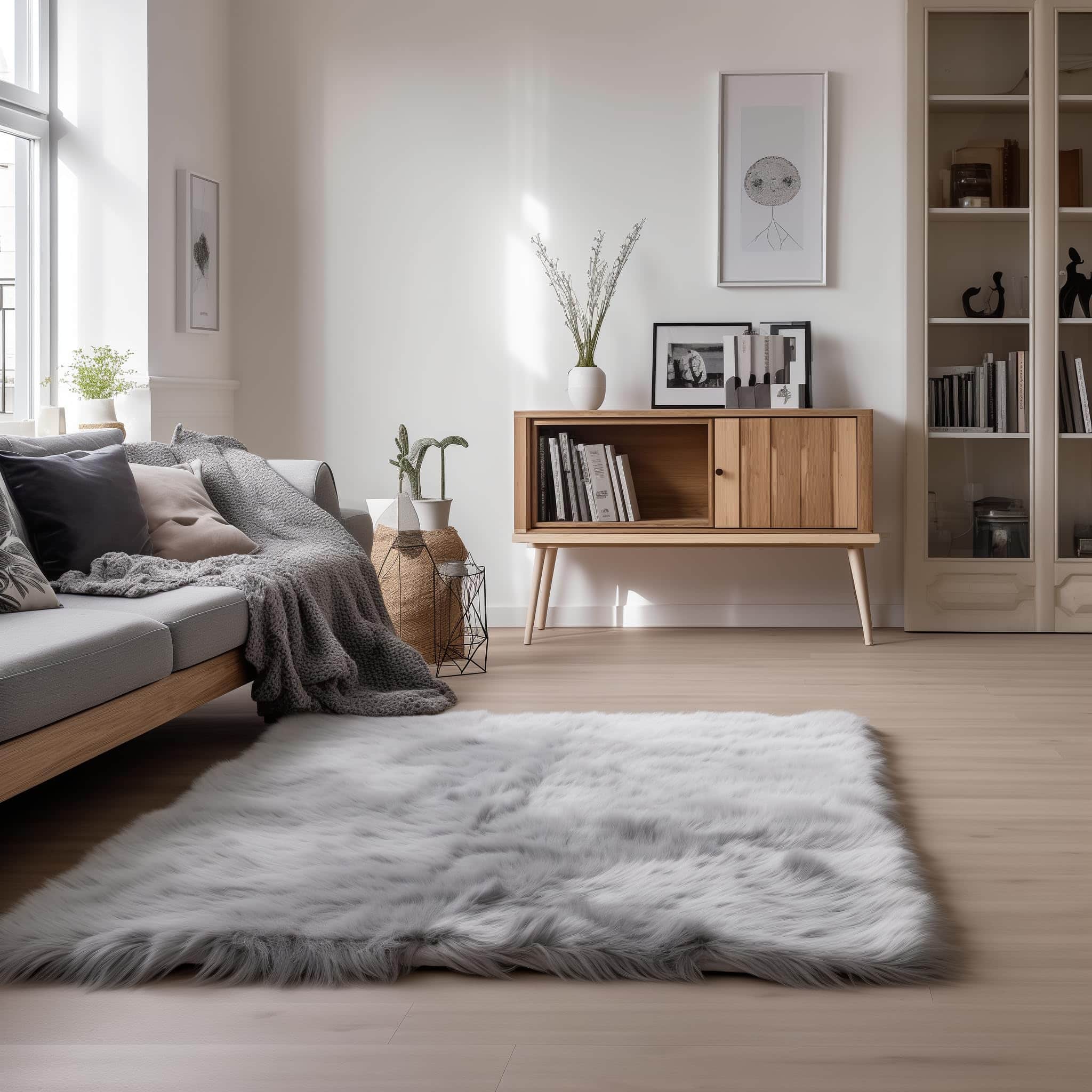 Gray Serene Faux Fur Solid Fake Sheepskin Rug