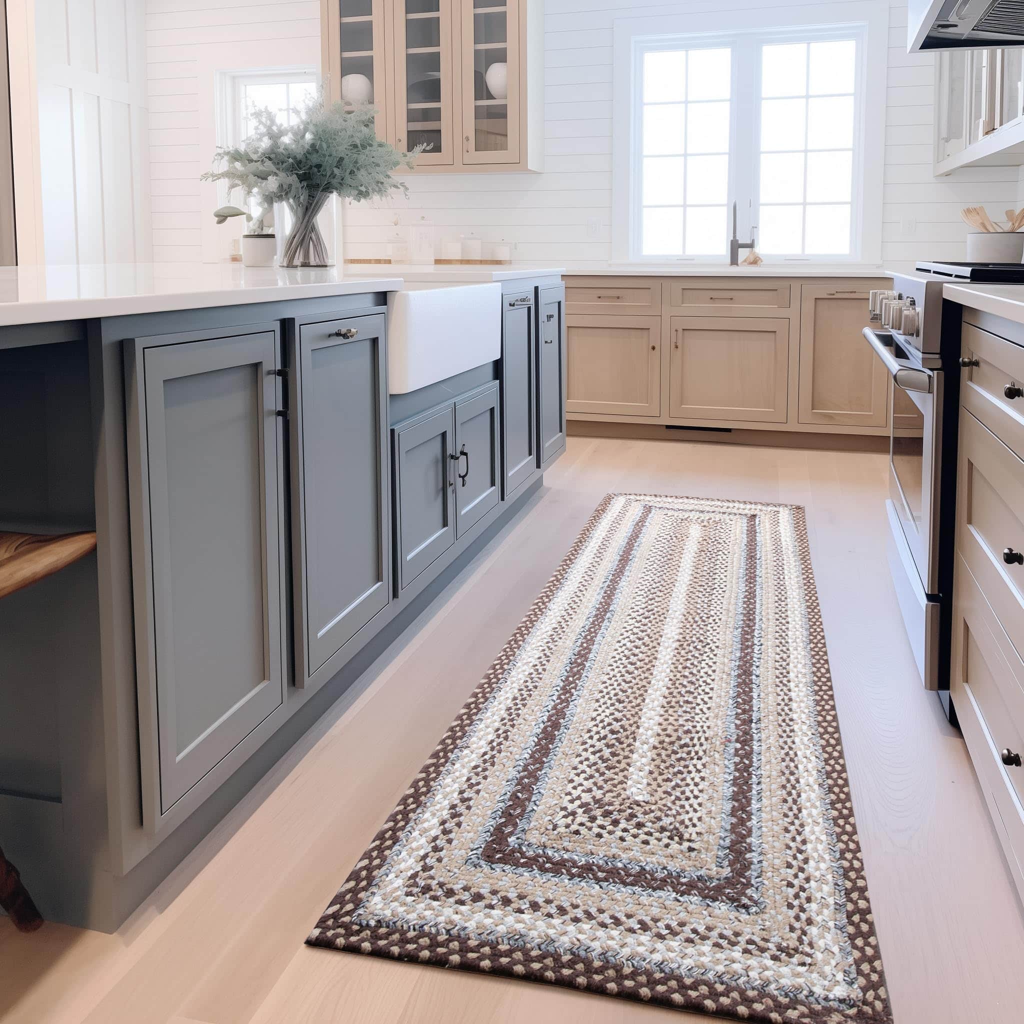 Brown, Slate Braided Rug - Soft Cotton Bordered Area Rug for Rustic Farmhouses