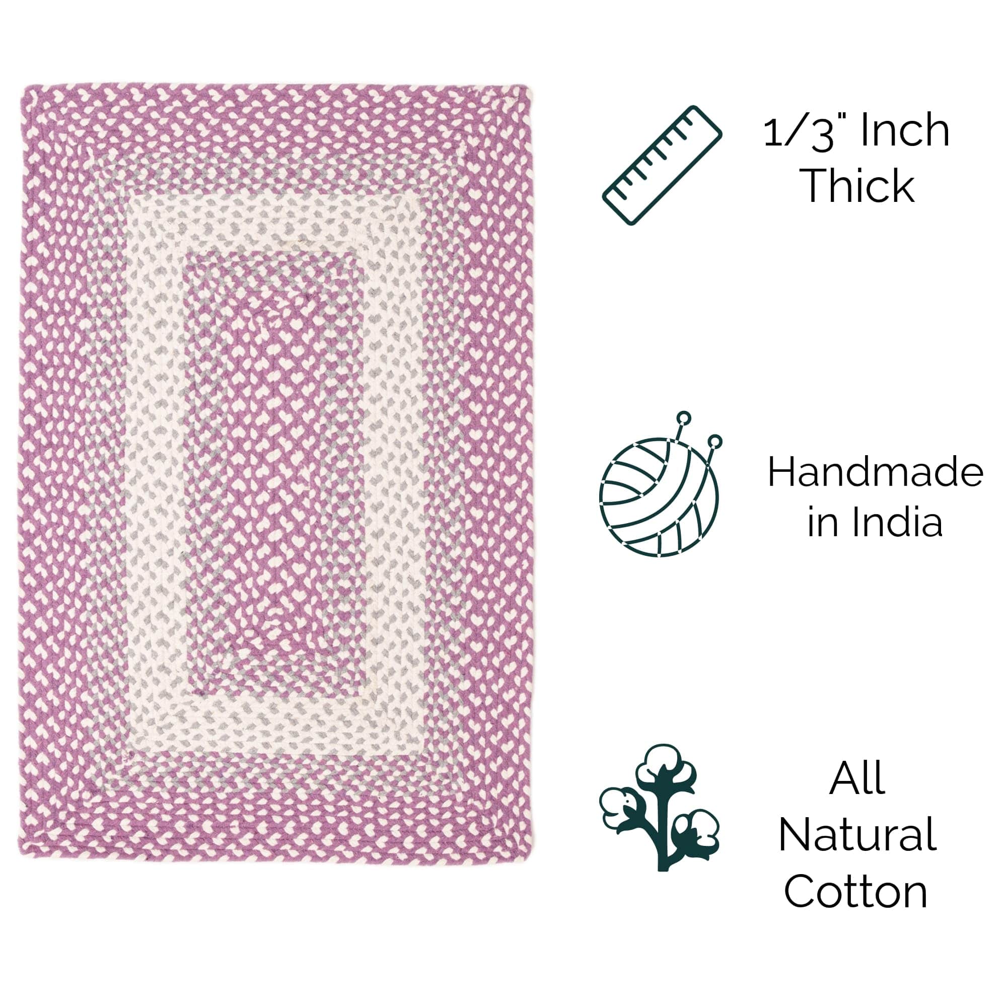 Purple, Gray Braided Rug - Soft Cotton Bordered Area Rug for Kids Rooms & Nursery