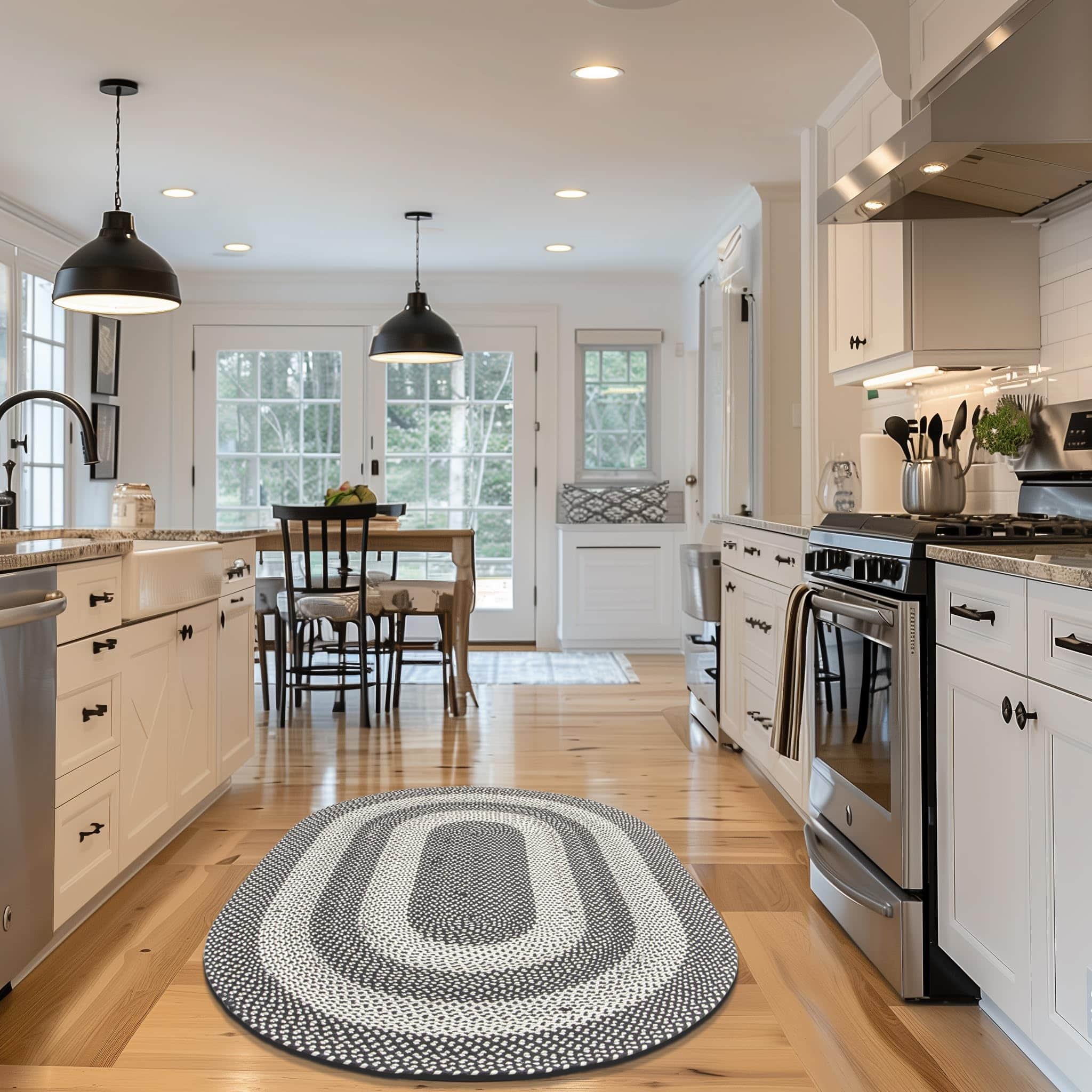 Black, White Indoor Outdoor Braided Rug for Patios, Porches and Kitchens - Bradford Collection