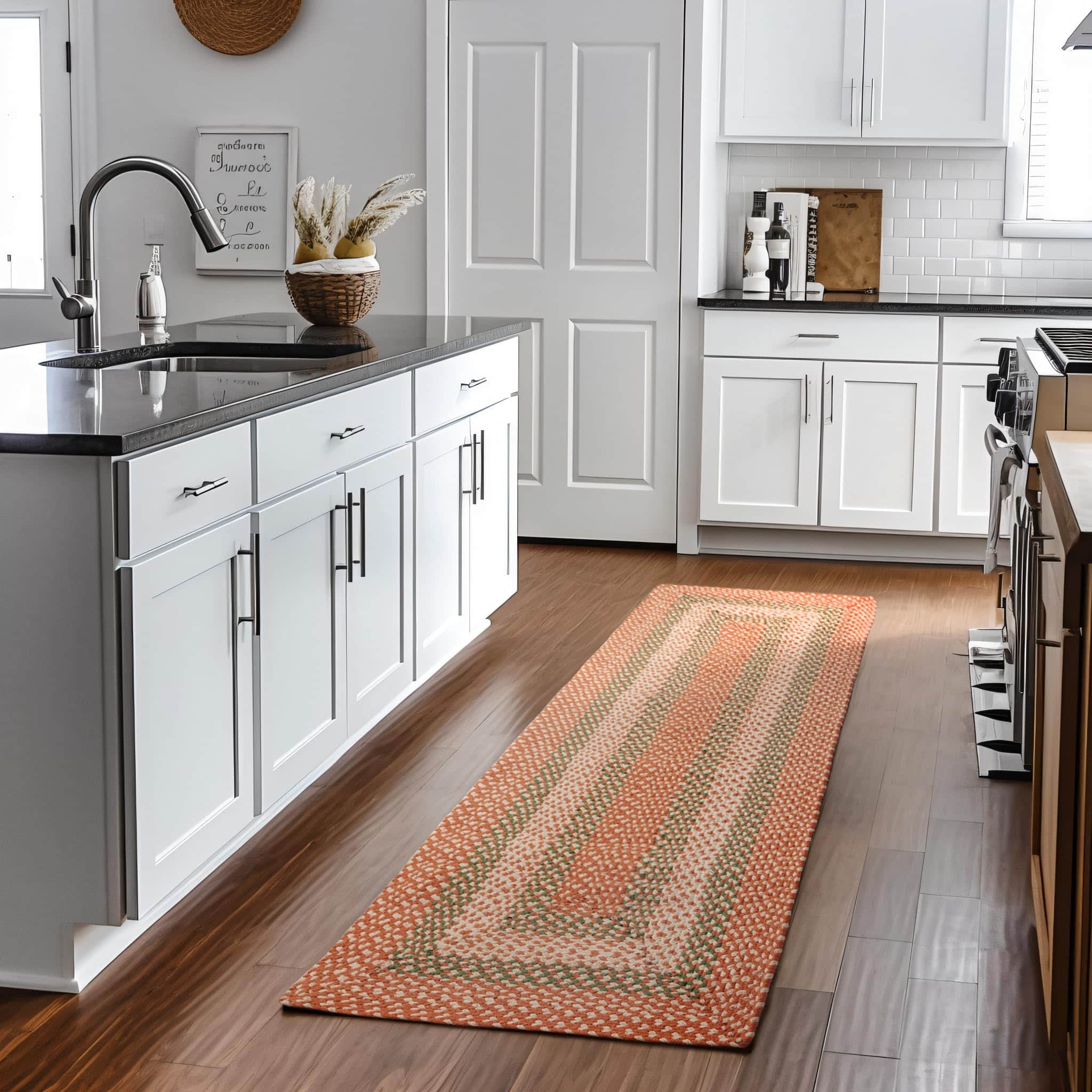 Coral, Green Braided Rug - Soft Cotton Bordered Area Rug for Kids Rooms & Nursery