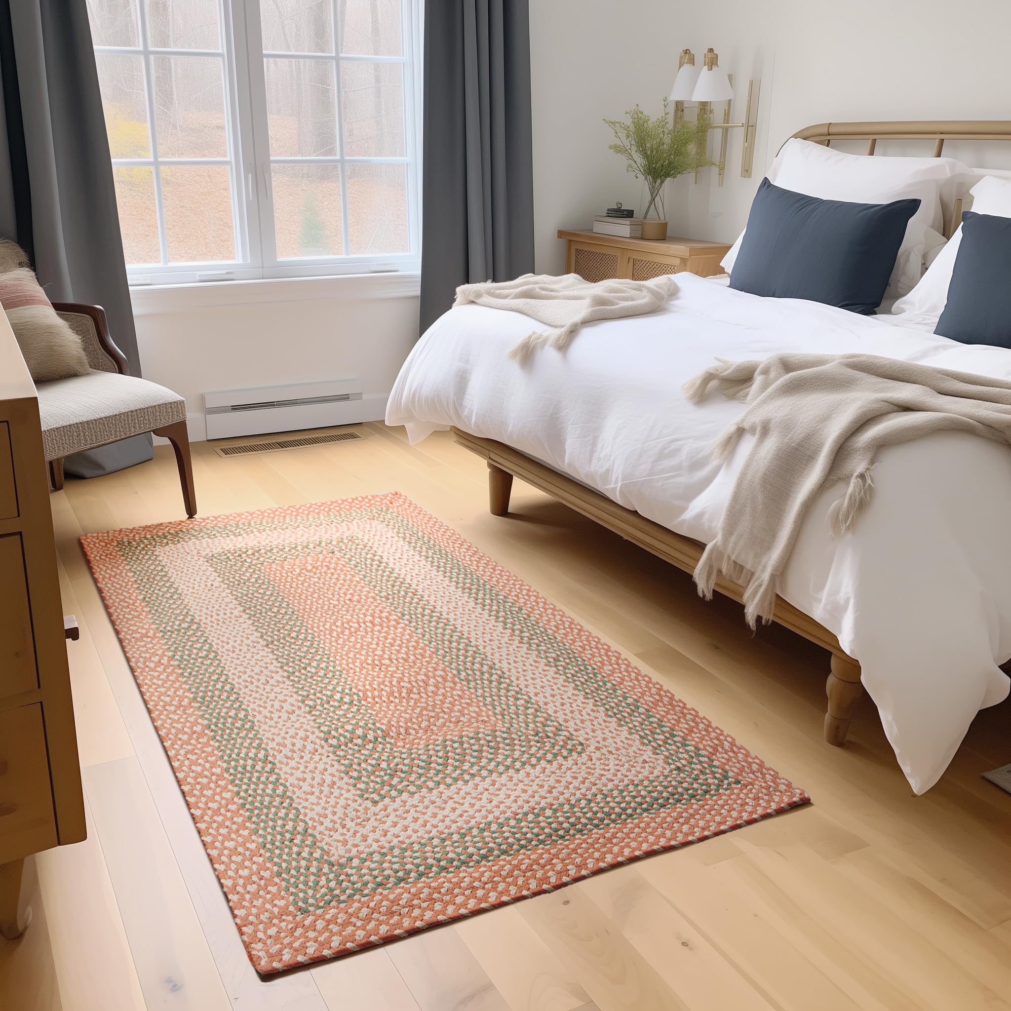 Coral, Green Braided Rug - Soft Cotton Bordered Area Rug for Kids Rooms & Nursery
