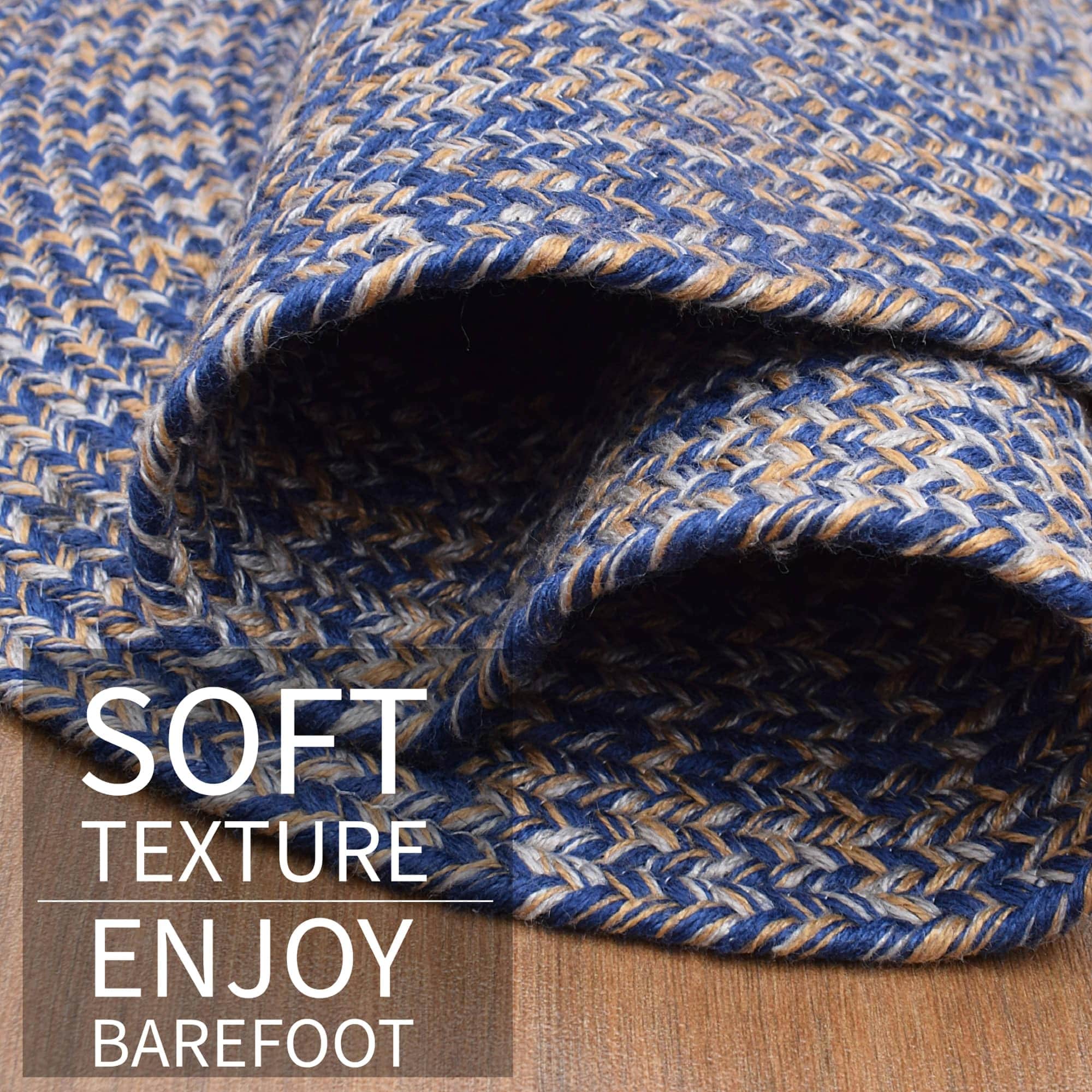 Blue, Gold Indoour Outdoor Braided Kitchen Rug