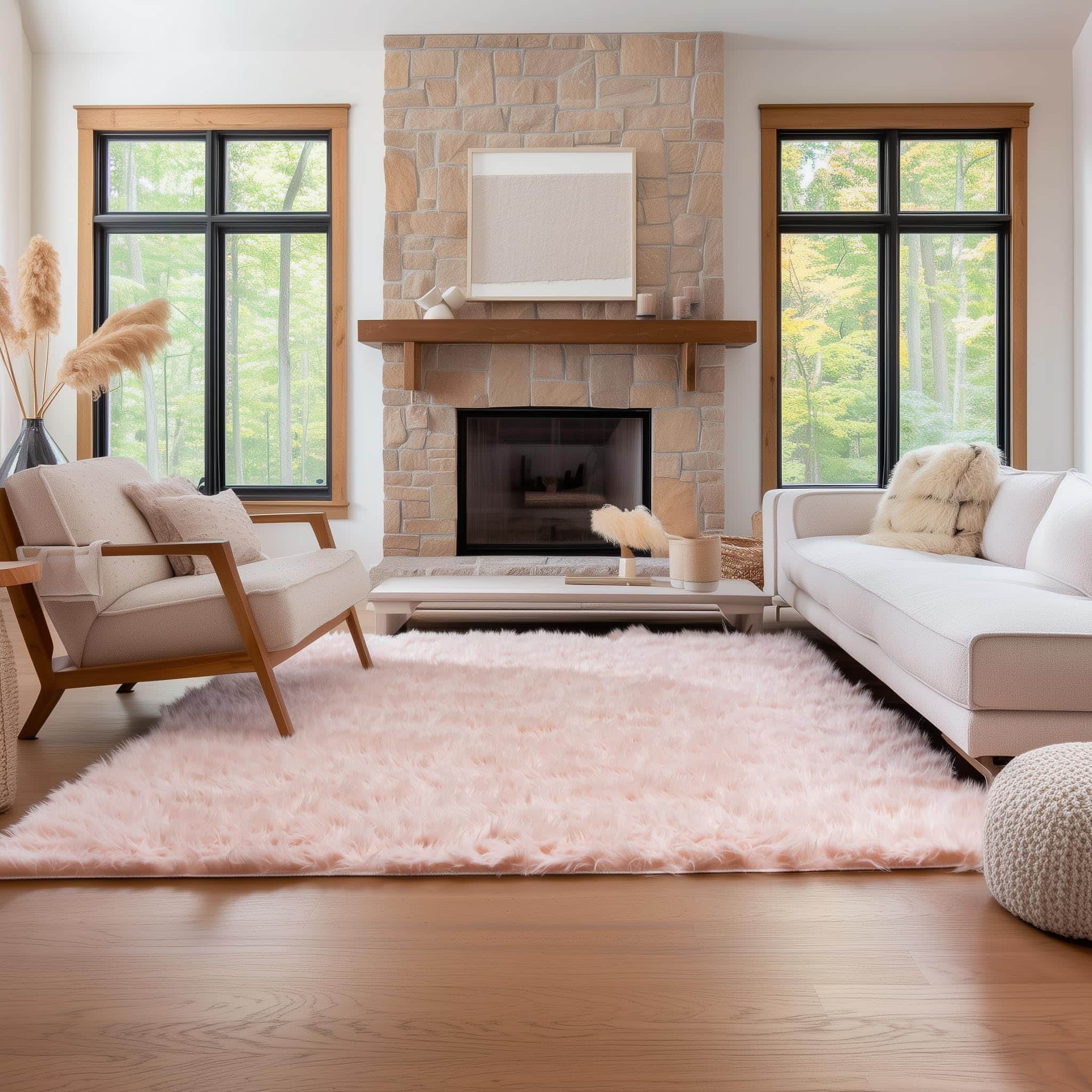 Light Pink Serene Faux Fur Solid Fake Sheepskin Rug