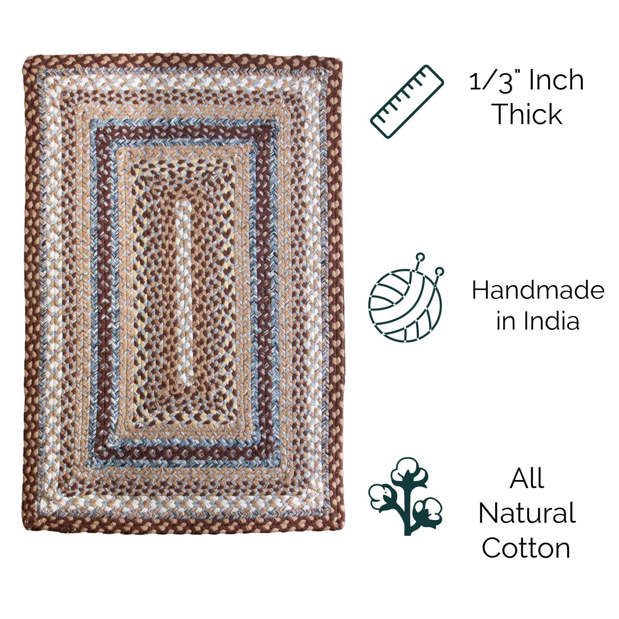 Brown, Slate Braided Rug - Soft Cotton Bordered Area Rug for Rustic Farmhouses