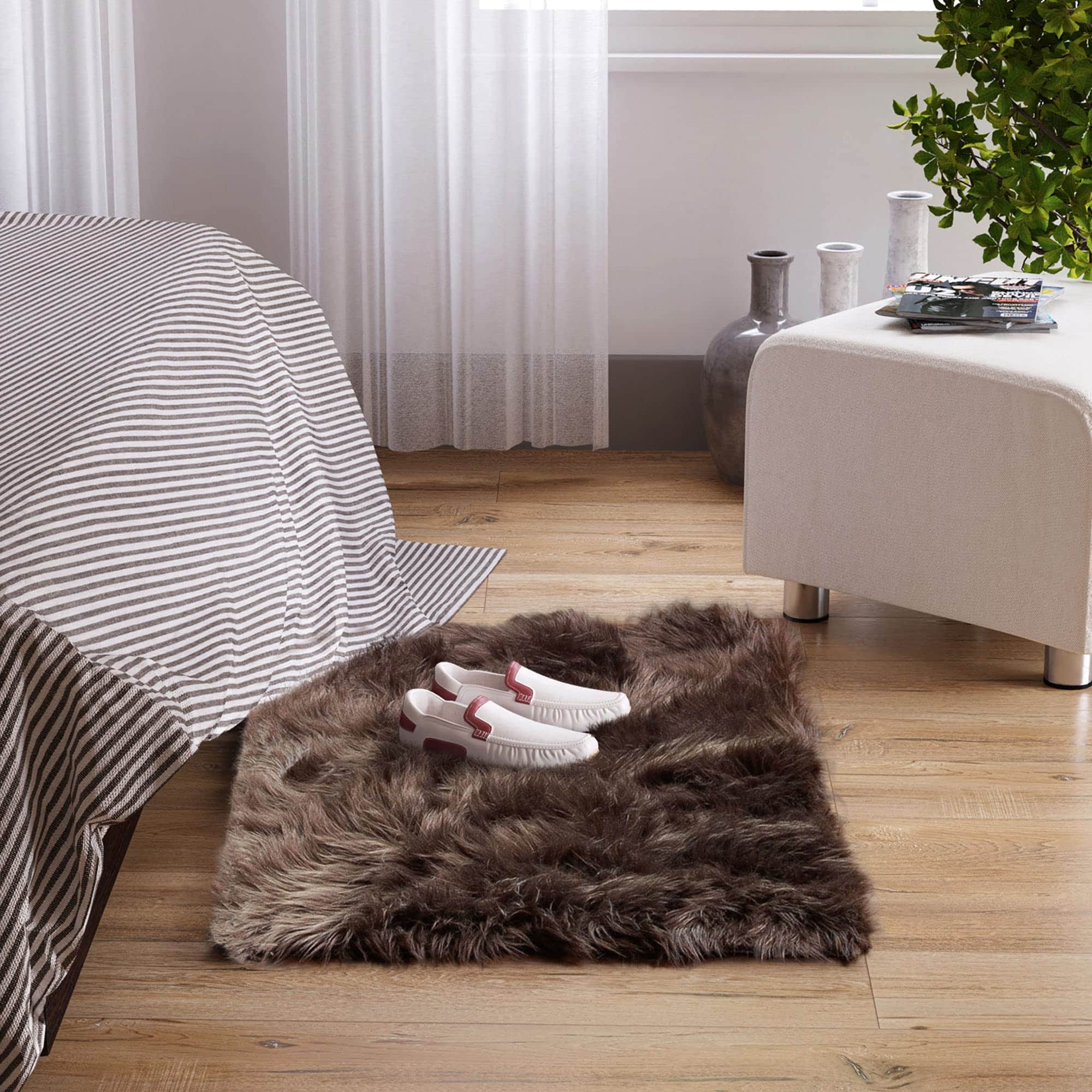 Dark Brown Serene Faux Fur Solid Fake Sheepskin Rug