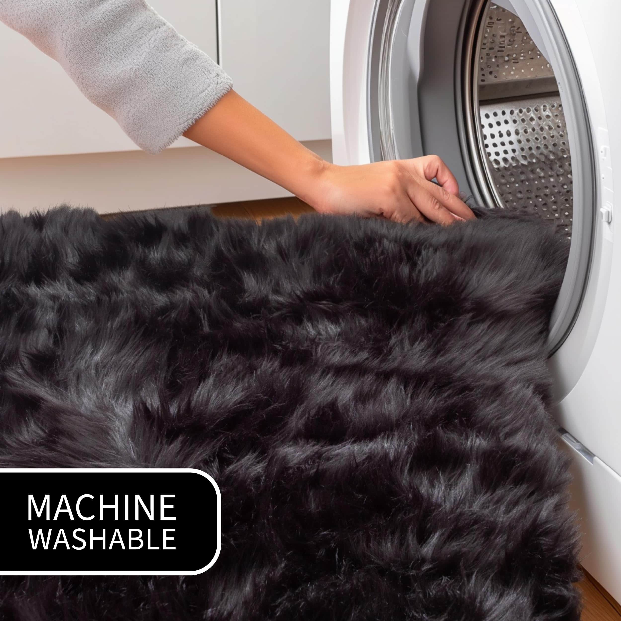 Black Serene Faux Fur Solid Fake Sheepskin Rug