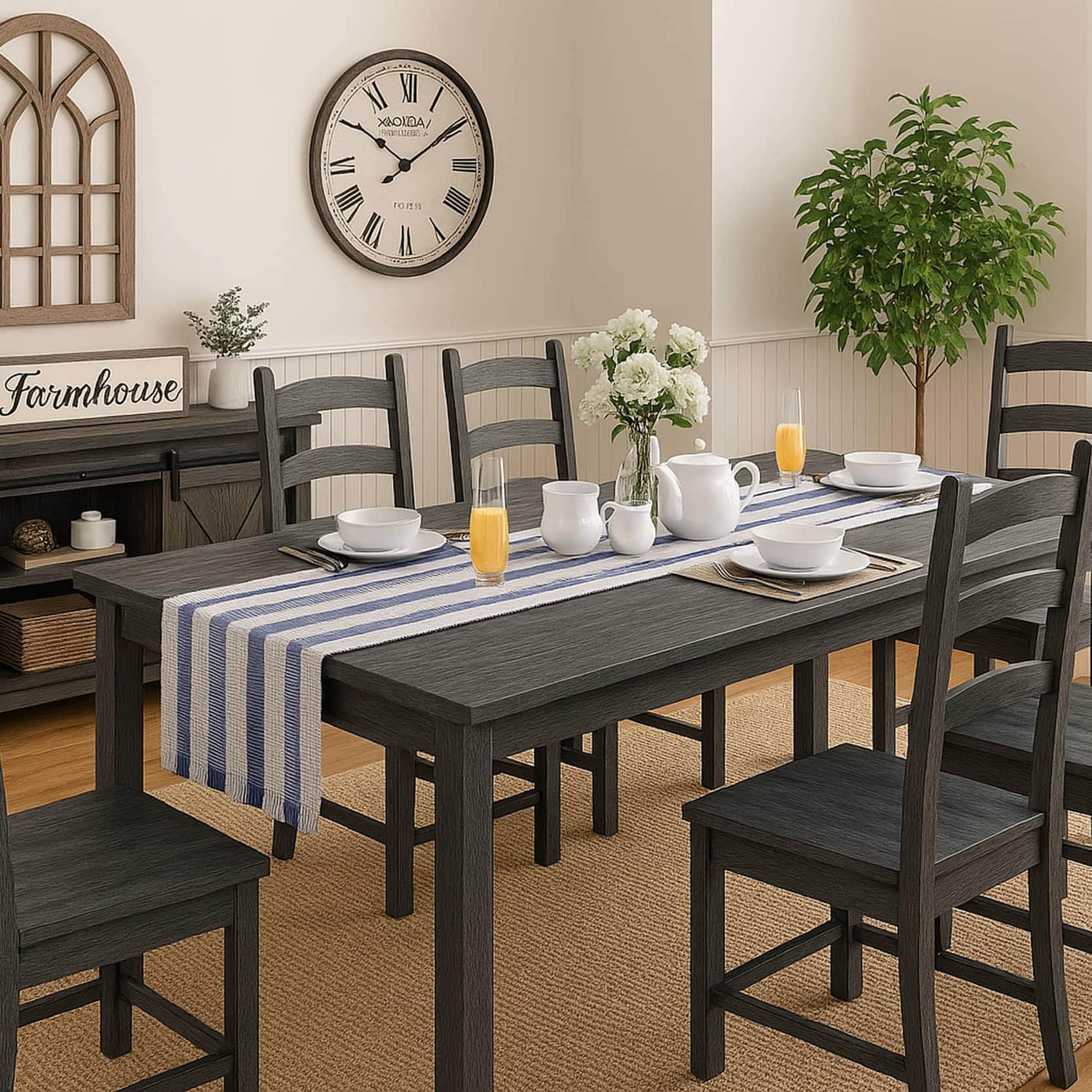 Ivory, Blue Table Runner Cotton Farmhouse Inspired