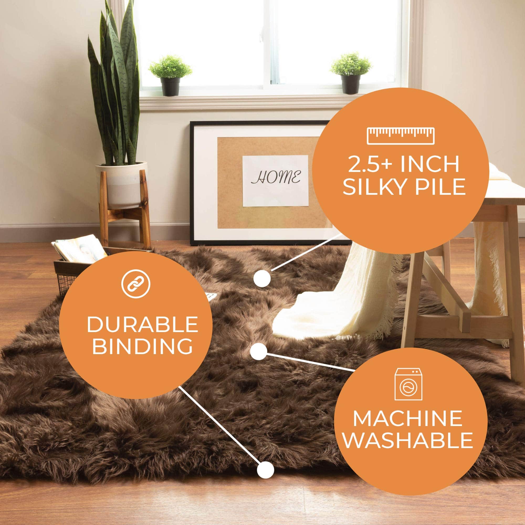 Dark Brown Serene Faux Fur Solid Fake Sheepskin Rug