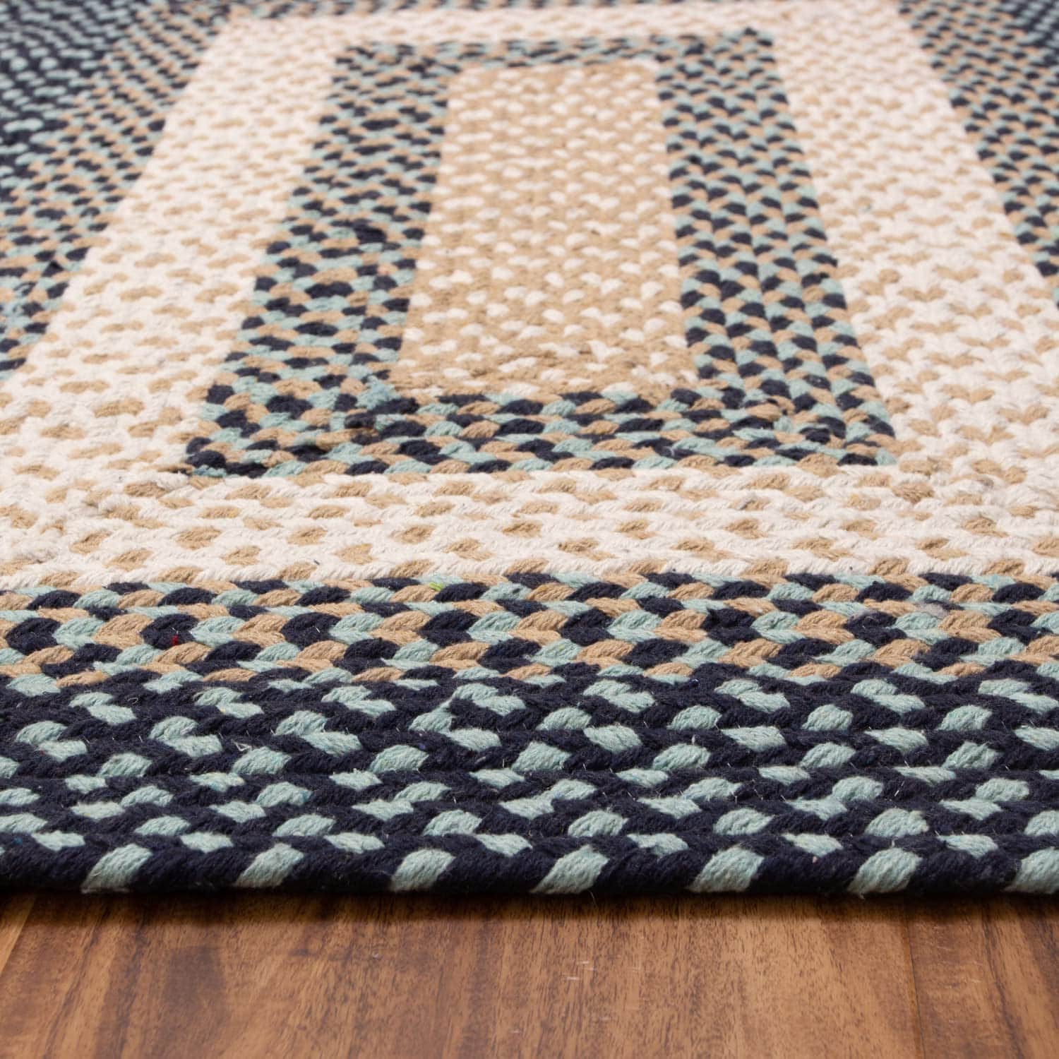 Blue, Cream Braided Rug - Soft Cotton Bordered Area Rug for Rustic Farmhouses