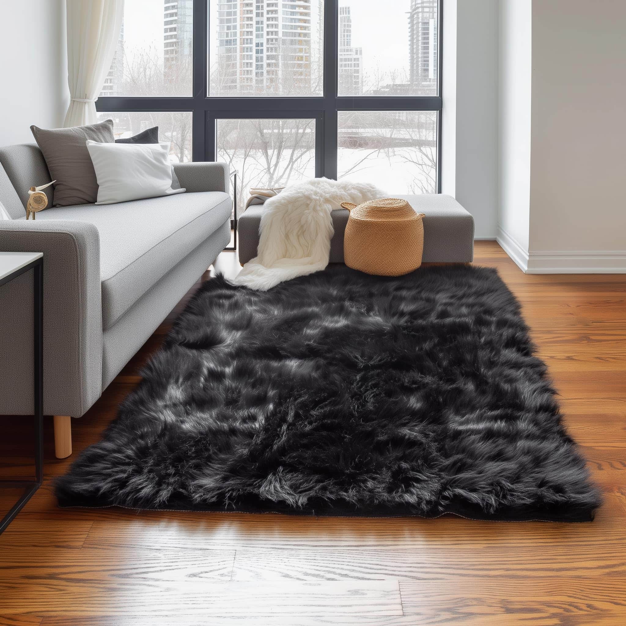 Black Serene Faux Fur Solid Fake Sheepskin Rug