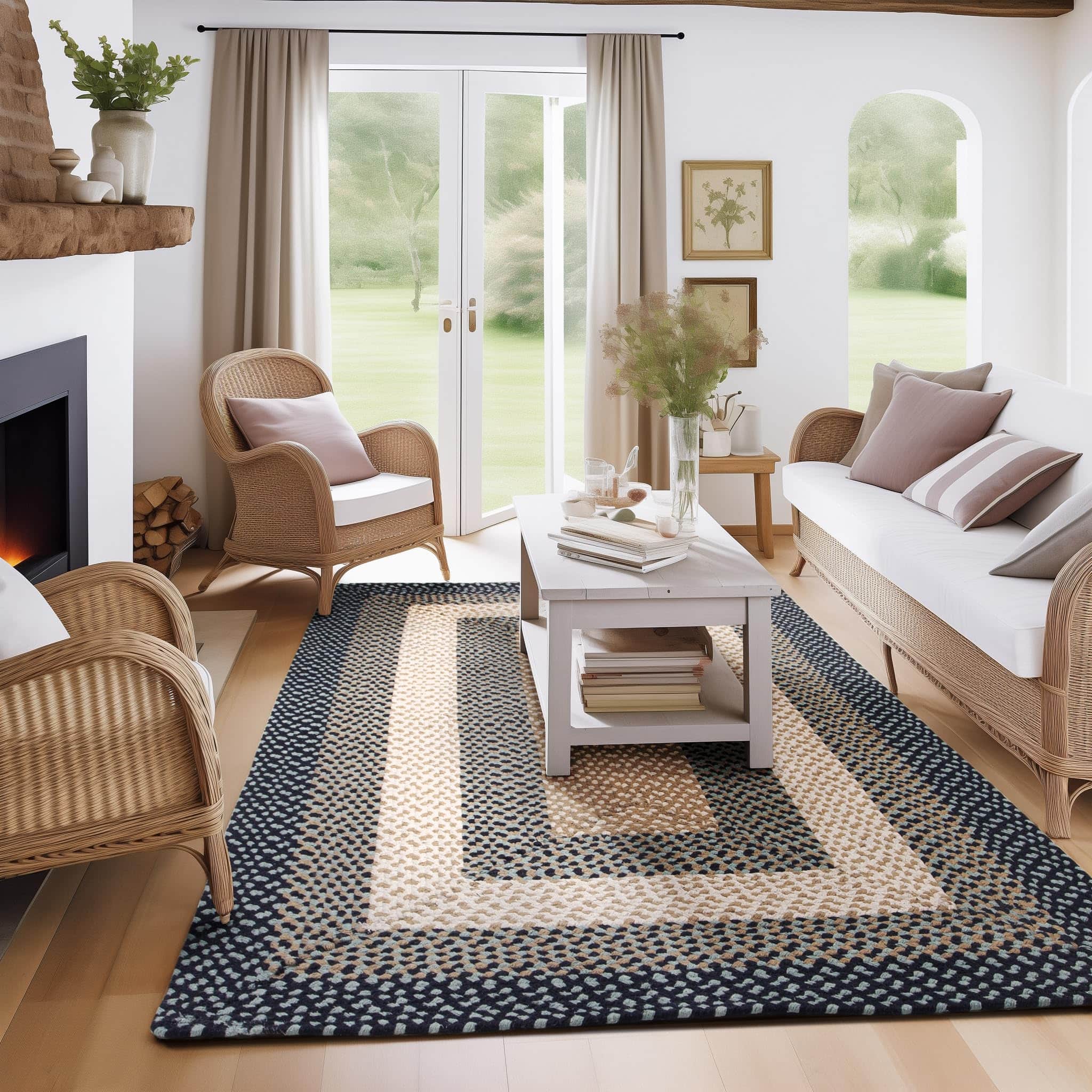 Blue, Cream Braided Rug - Soft Cotton Bordered Area Rug for Rustic Farmhouses