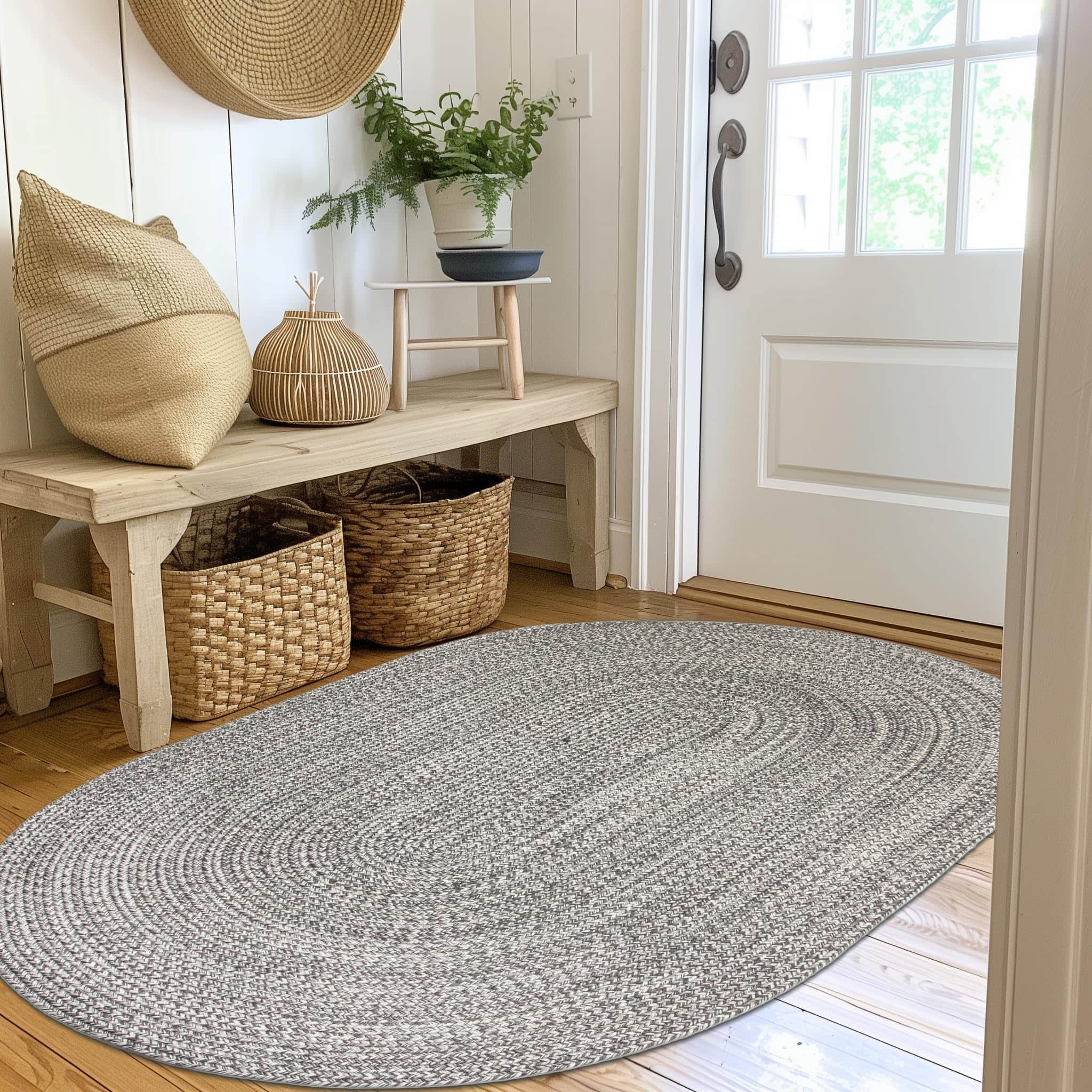 Charcoal, Gray, Light Gray, White Indoour Outdoor Braided Kitchen Rug