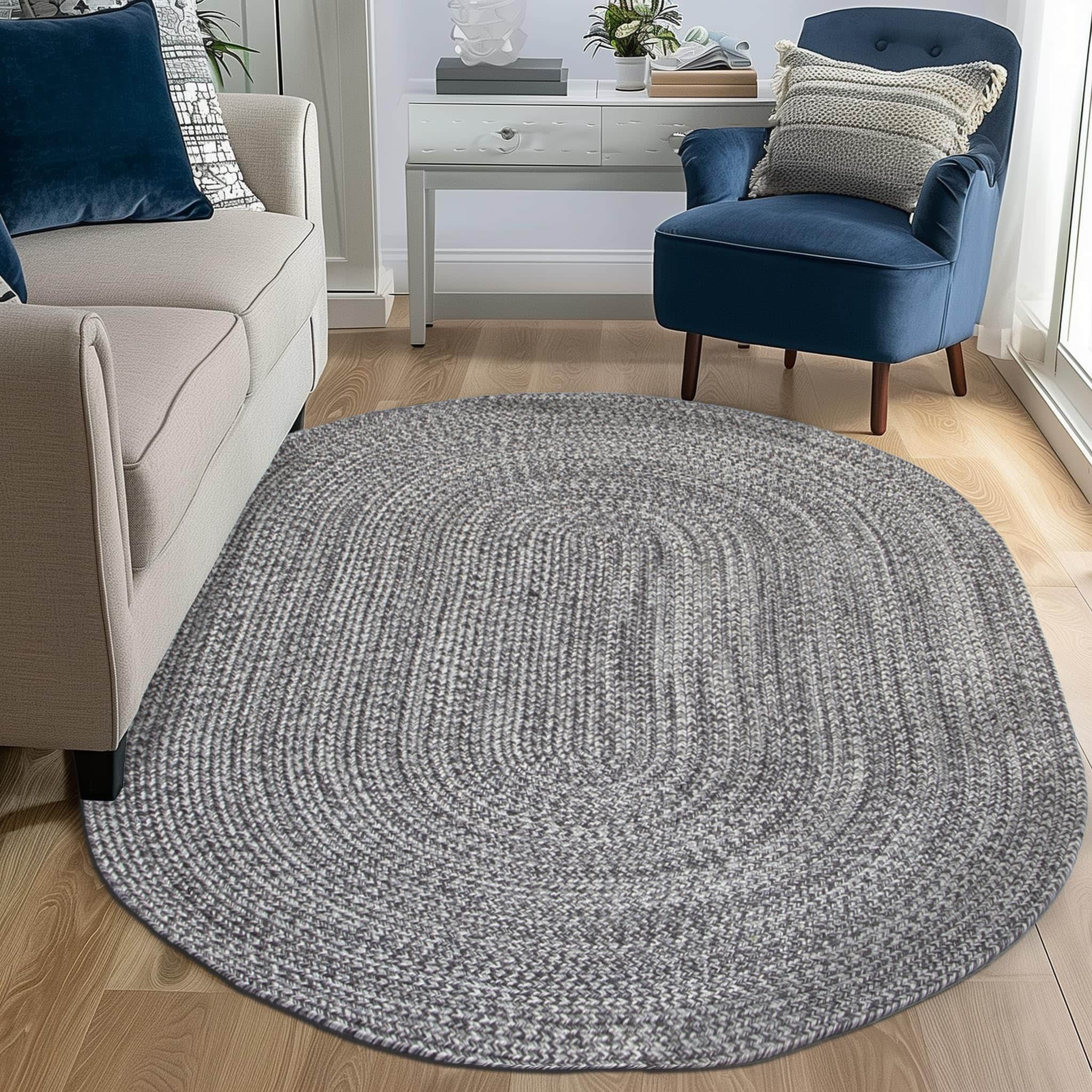 Charcoal, Gray, Light Gray, White Indoour Outdoor Braided Kitchen Rug