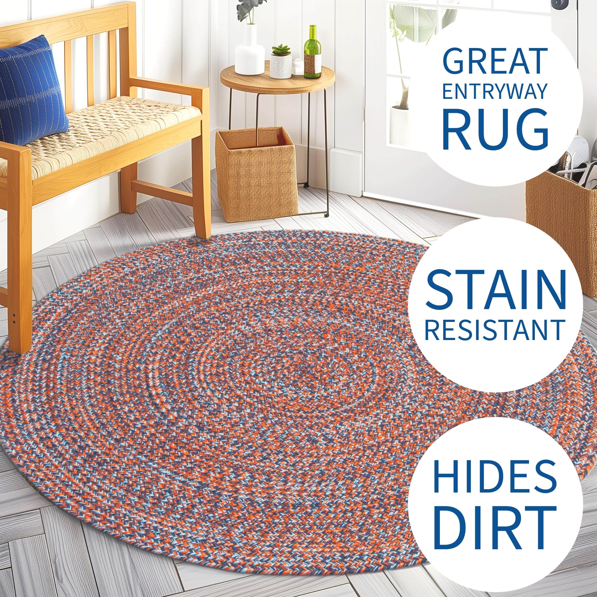 Navy, Light Blue, Red Indoour Outdoor Braided Kitchen Rug