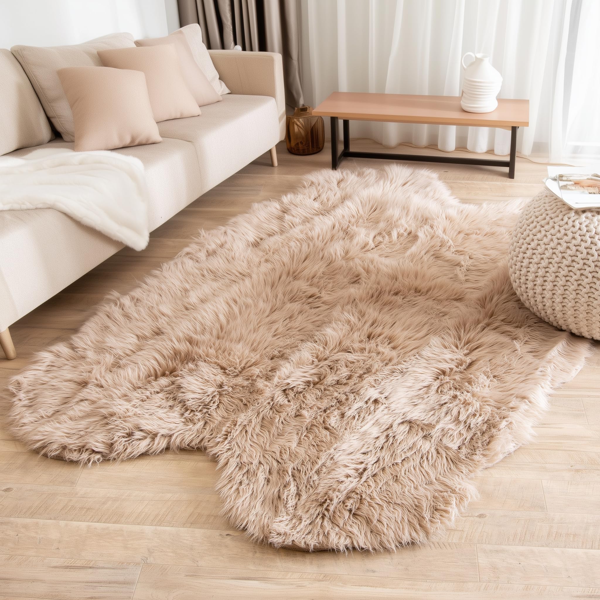 Light Brown Serene Faux Fur Solid Fake Sheepskin Rug