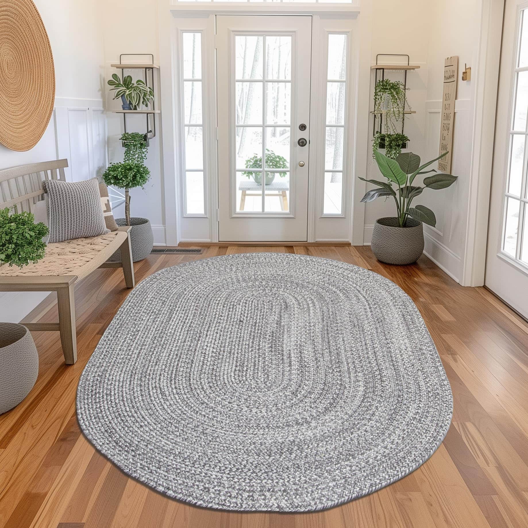 Charcoal, Gray, Light Gray, White Indoour Outdoor Braided Kitchen Rug