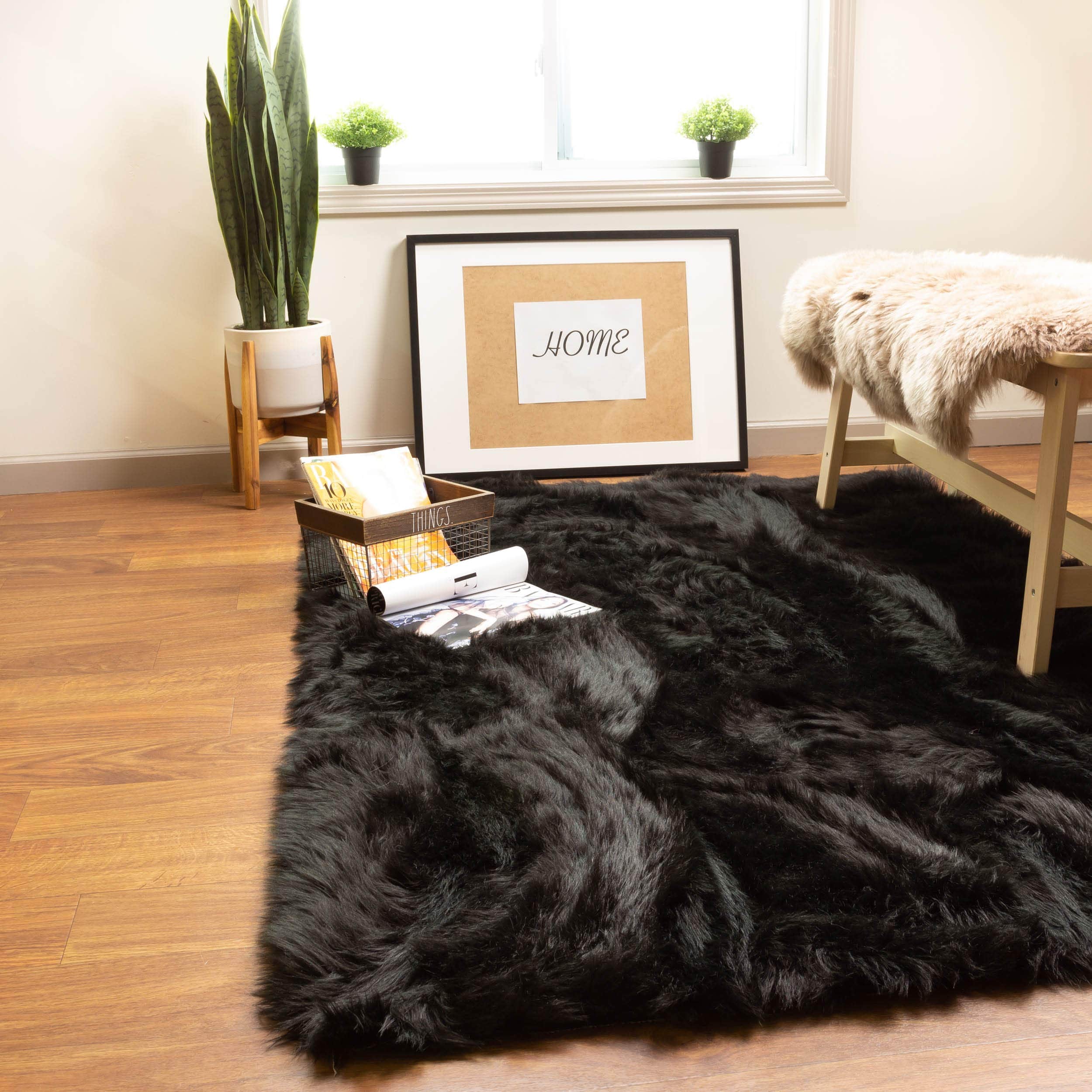 Black Serene Faux Fur Solid Fake Sheepskin Rug