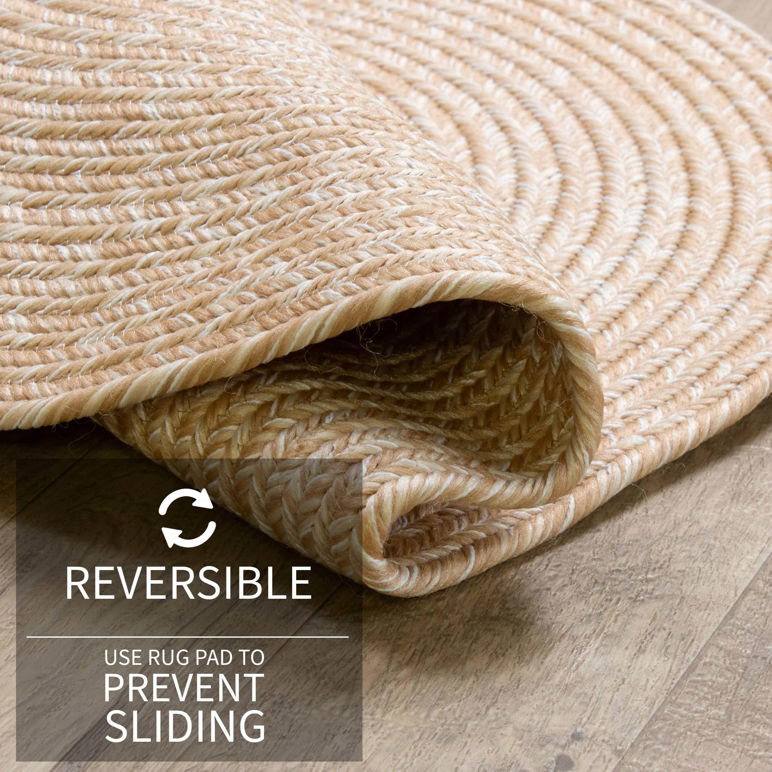 Beige, Brown Braided Rug - Reversible Solid Constrution - Indoor Outdoor & Kitchen Ready