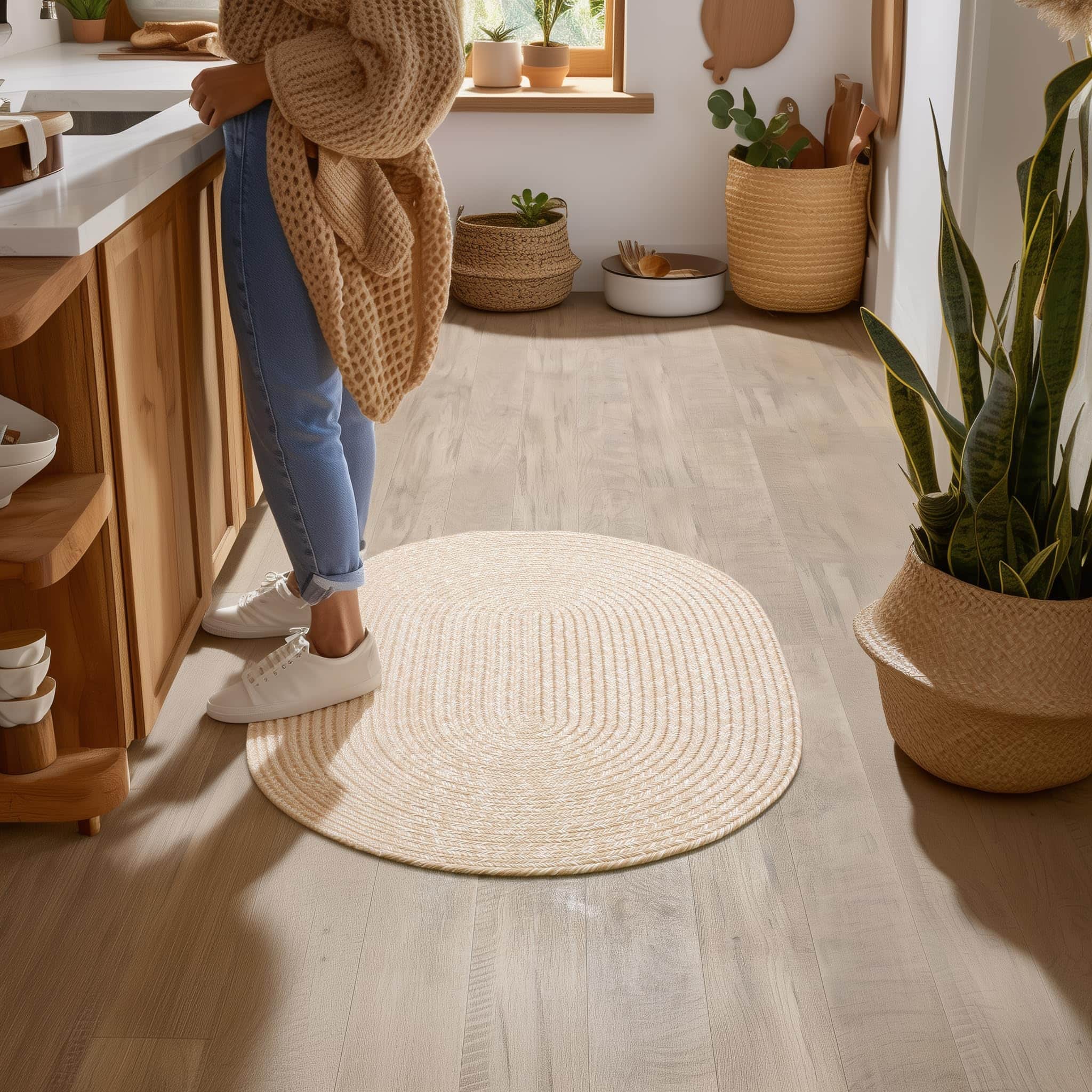 Beige, Brown Braided Rug - Reversible Solid Constrution - Indoor Outdoor & Kitchen Ready